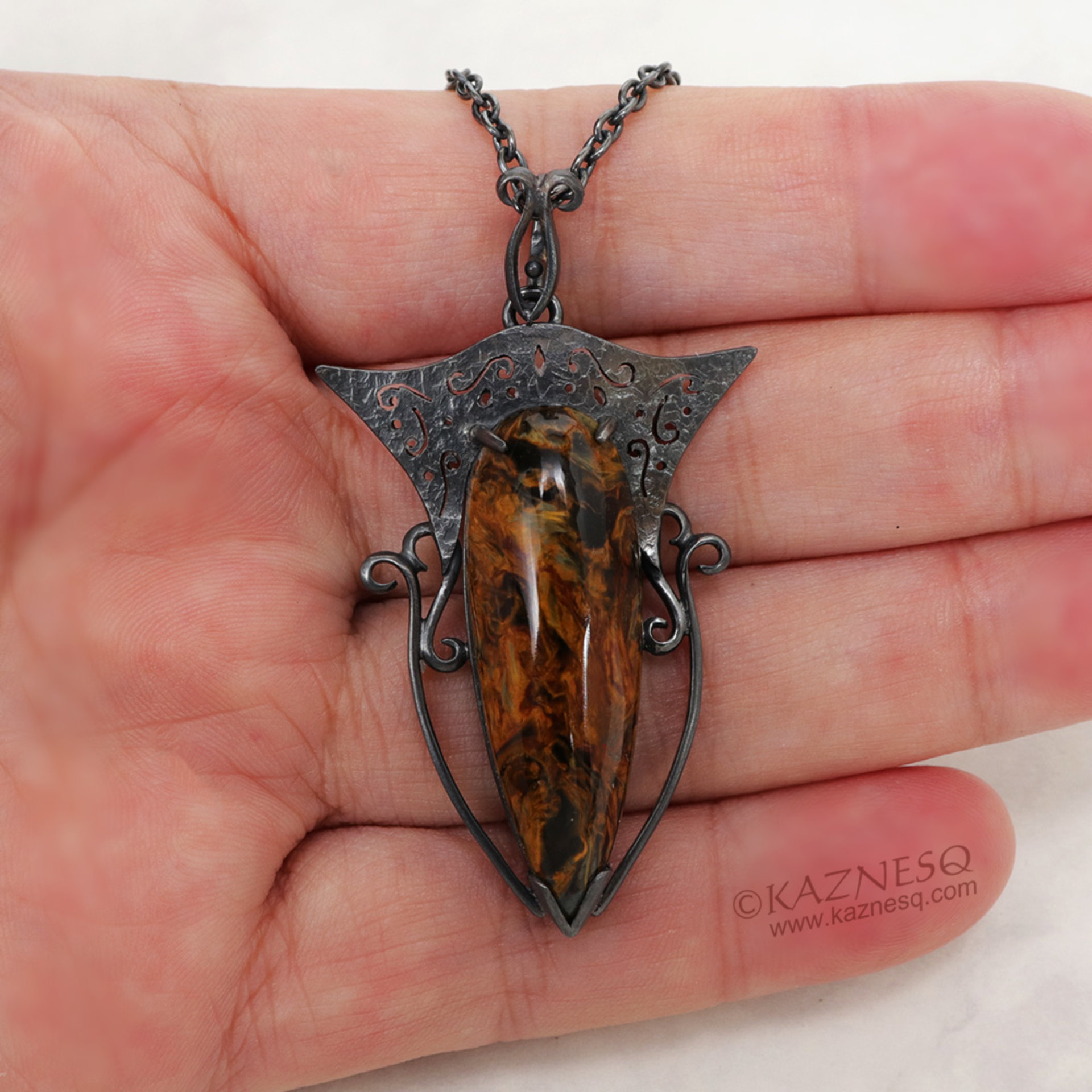 Pietersite oxidized silver openwork goth pendant necklace