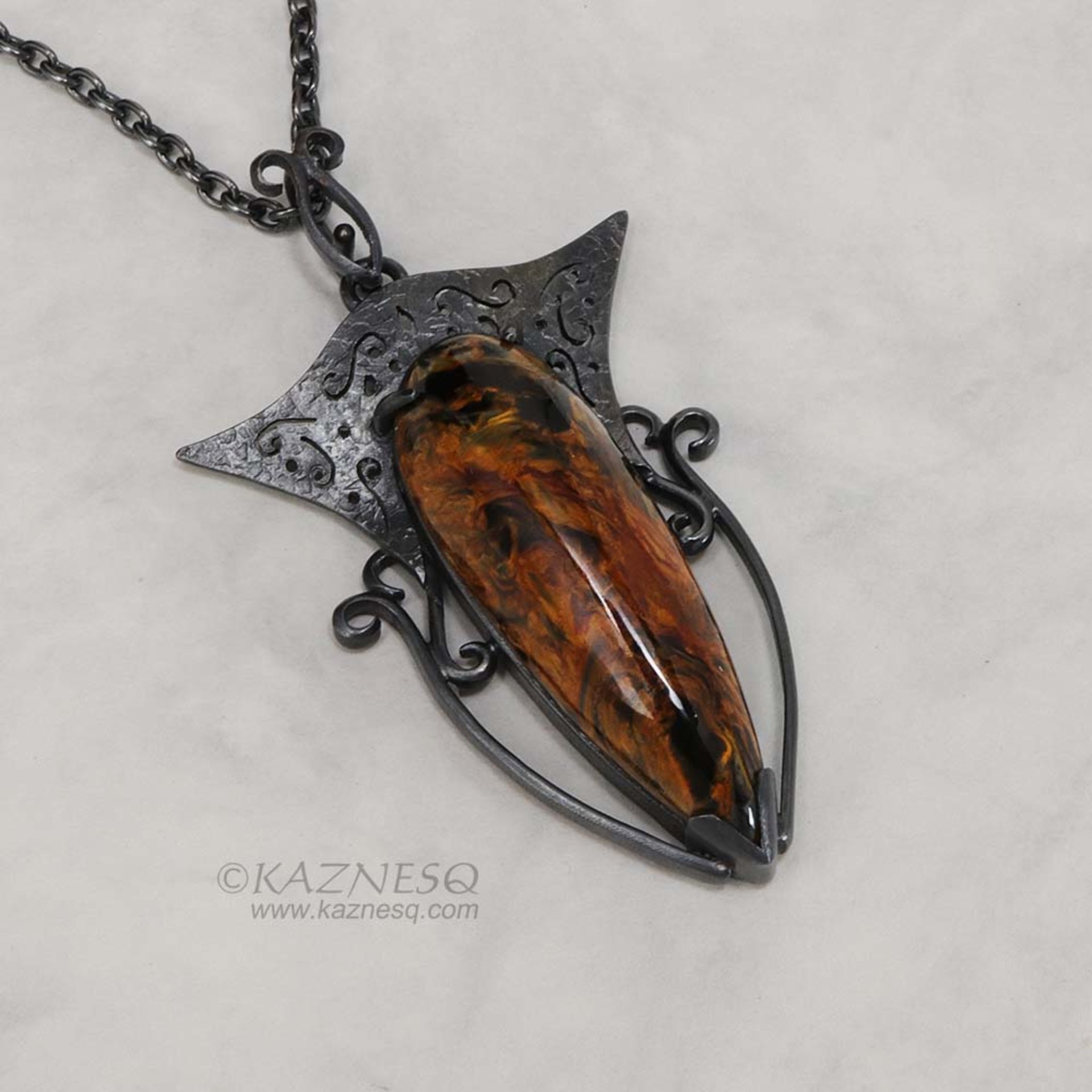 Pietersite oxidized silver openwork goth pendant necklace