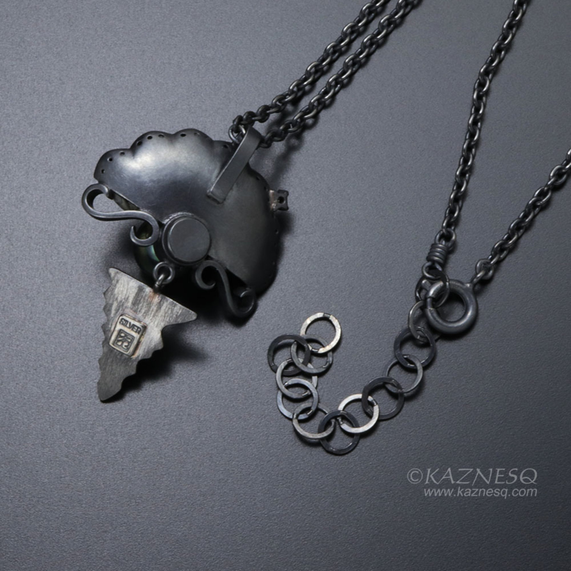 The moon on the ocean and Venus pendant, Black south sea pearl and a diamond oxi