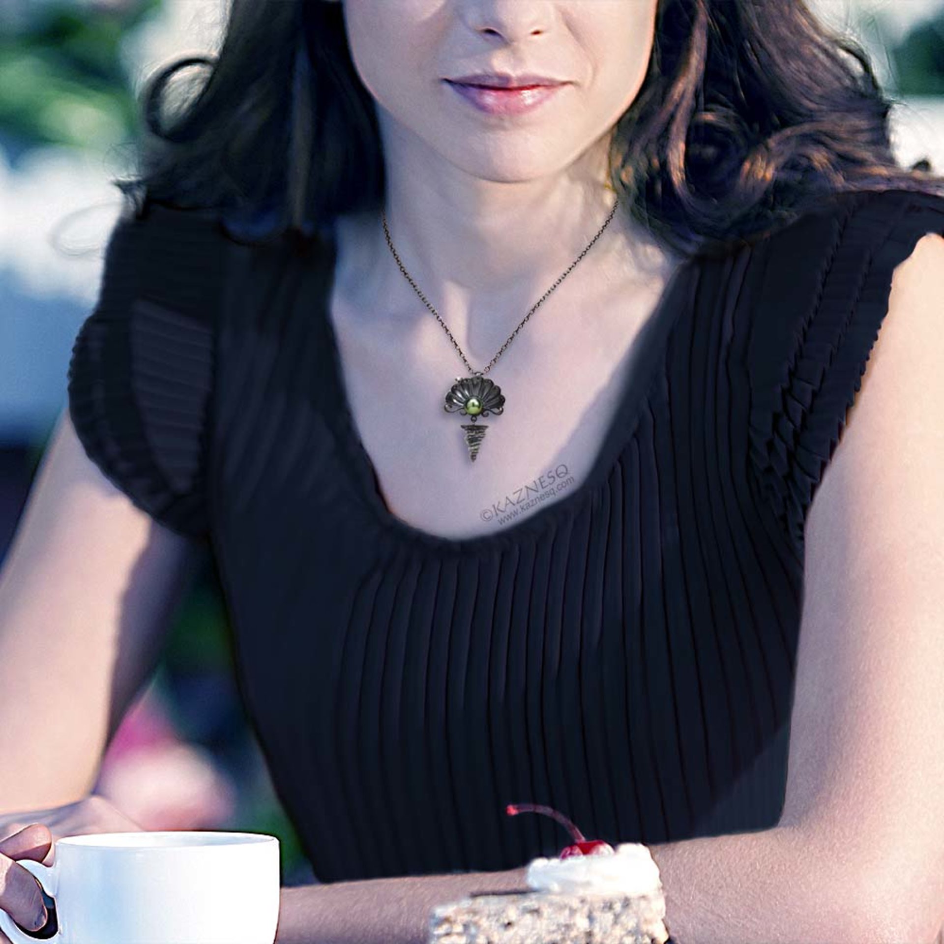 The moon on the ocean and Venus pendant, Black south sea pearl and a diamond oxi