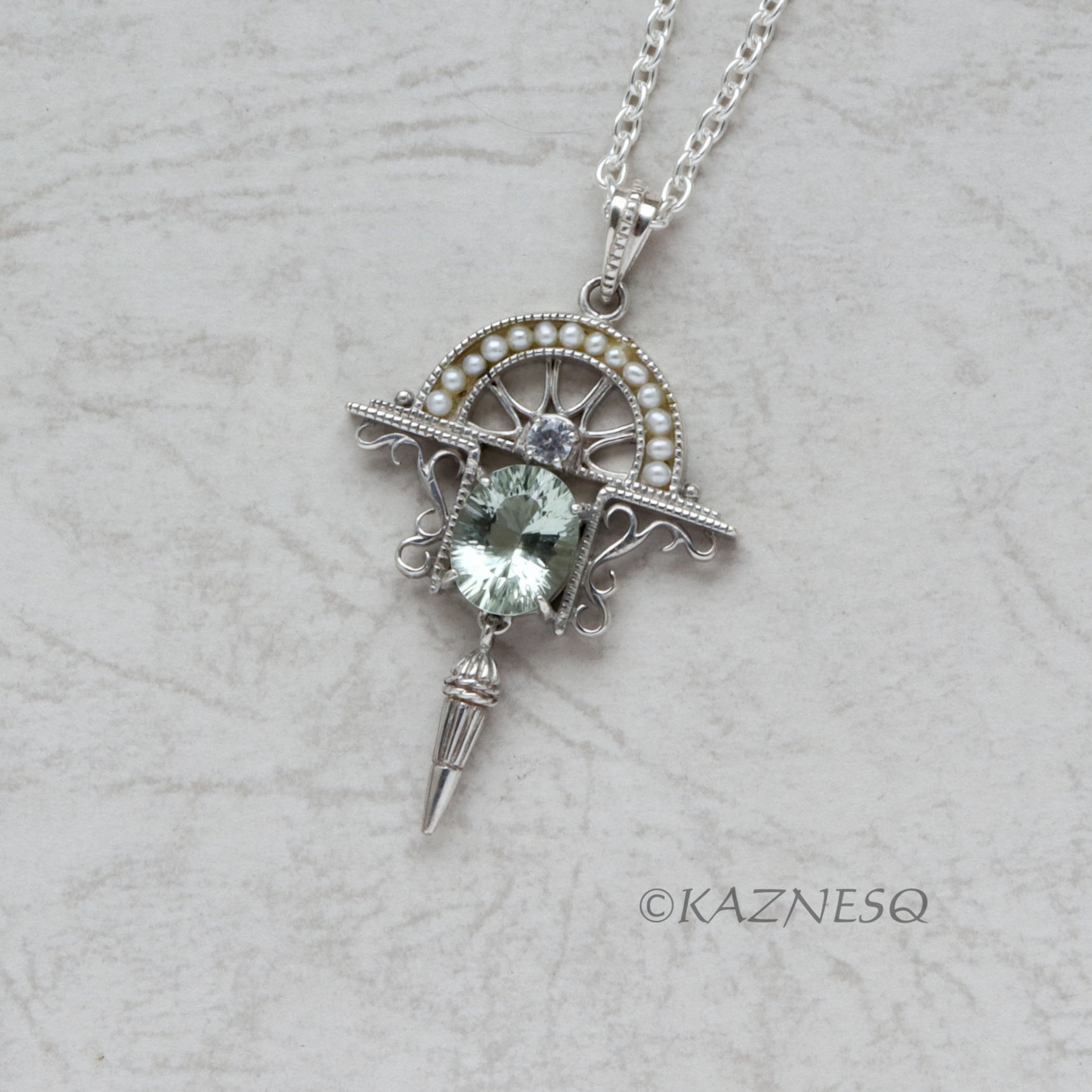 (C) KAZNESQ: Art Deco style Green Amethyst and white sapphire Arch shape Silver