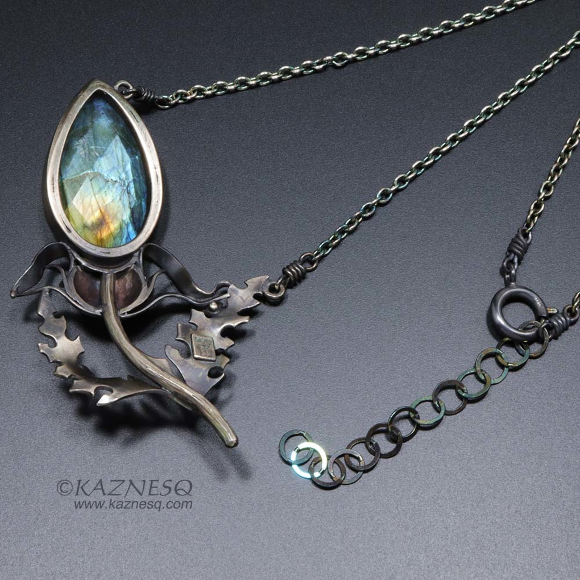 Labradorite thistle motif oxidized silver necklace, nature inspired Goth necklac