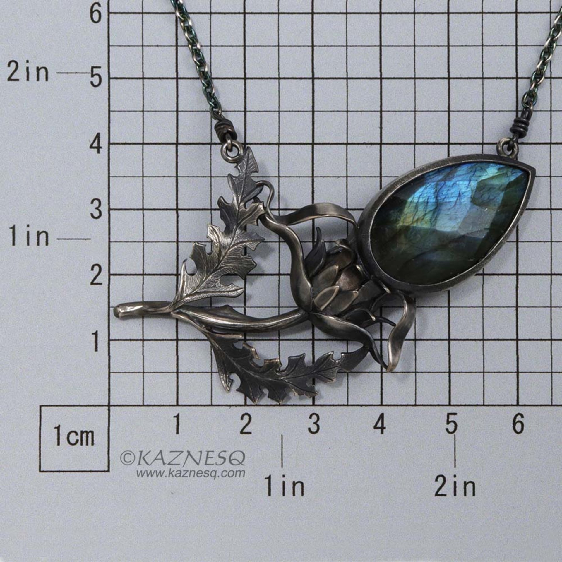 Labradorite thistle motif oxidized silver necklace, nature inspired Goth necklac