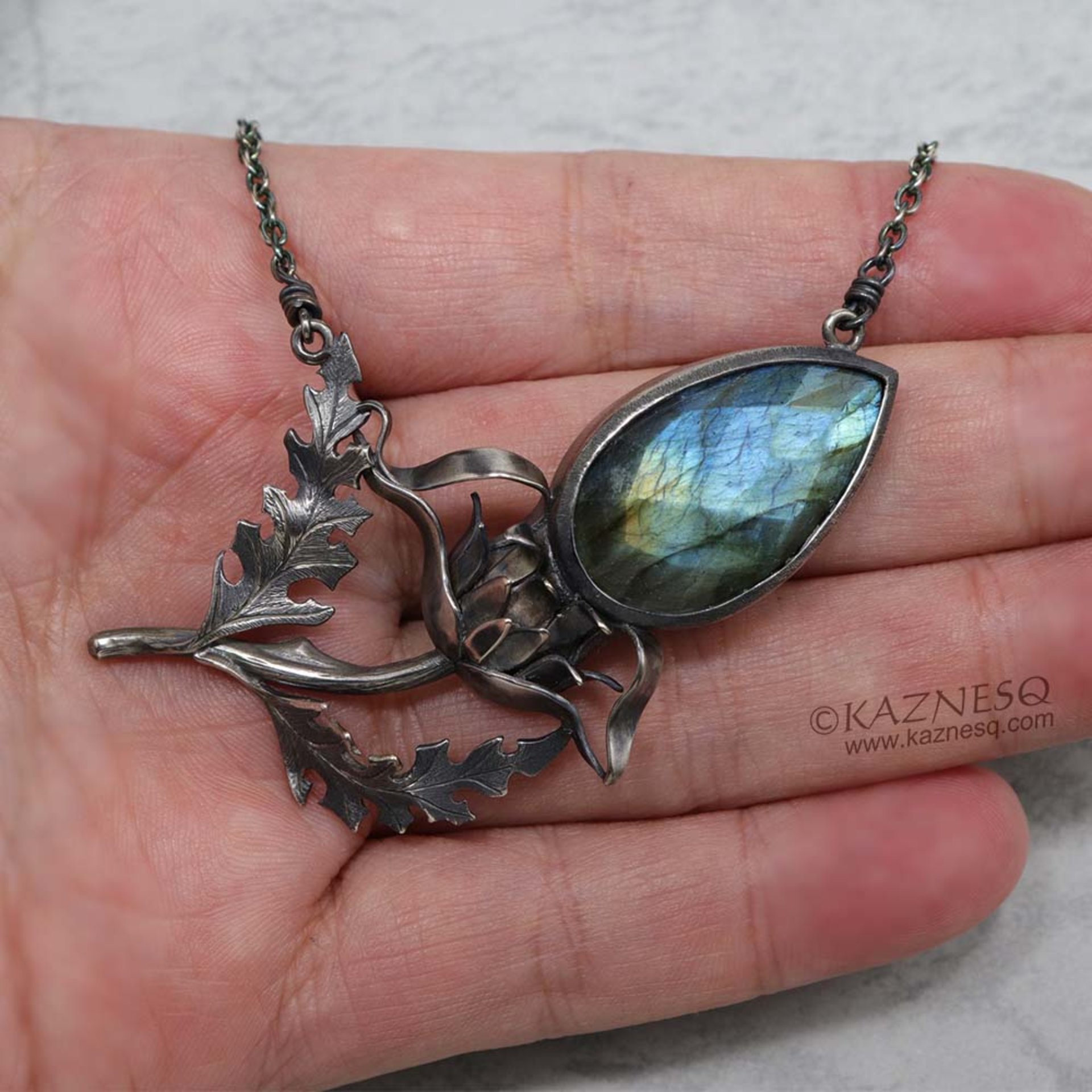 Labradorite thistle motif oxidized silver necklace, nature inspired Goth necklac