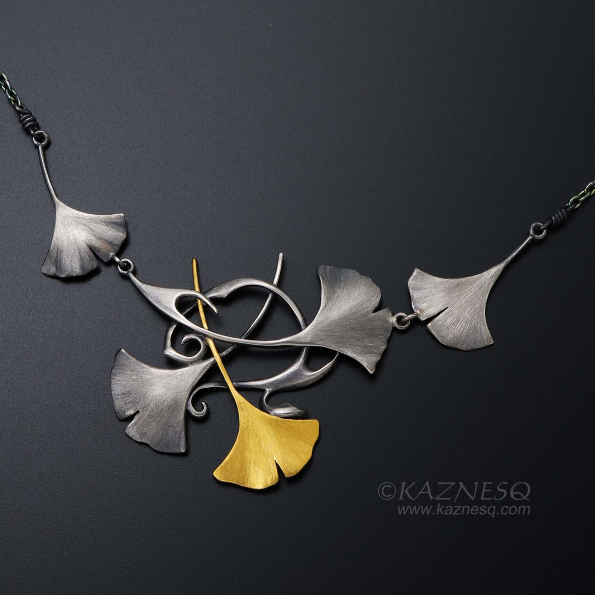 Oxidized silver and Keum Boo ginkgo leaf necklace