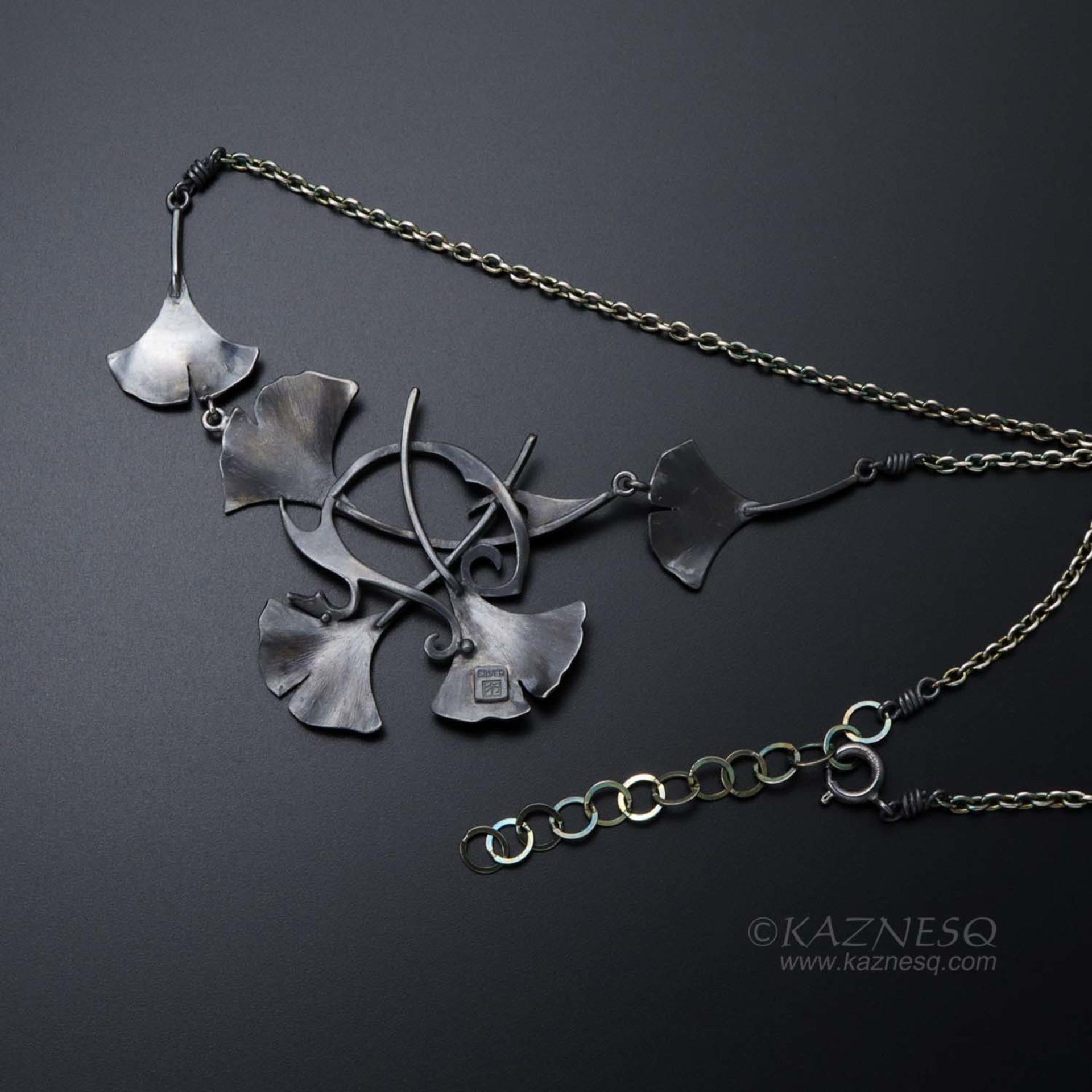 Oxidized silver and Keum Boo ginkgo leaf necklace