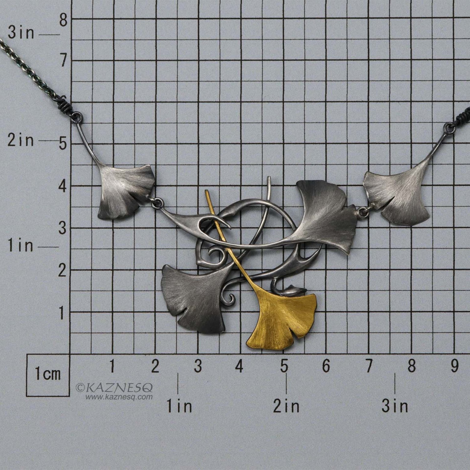 Oxidized silver and Keum Boo ginkgo leaf necklace