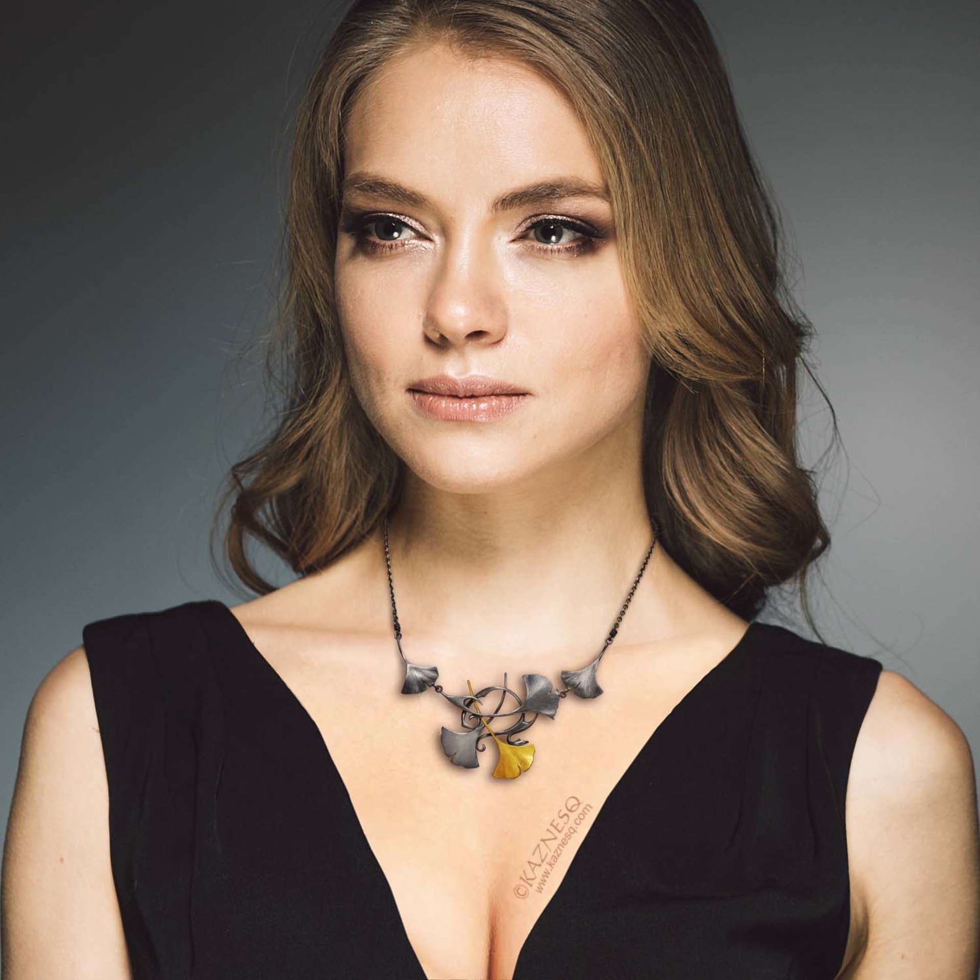 Oxidized silver and Keum Boo ginkgo leaf necklace