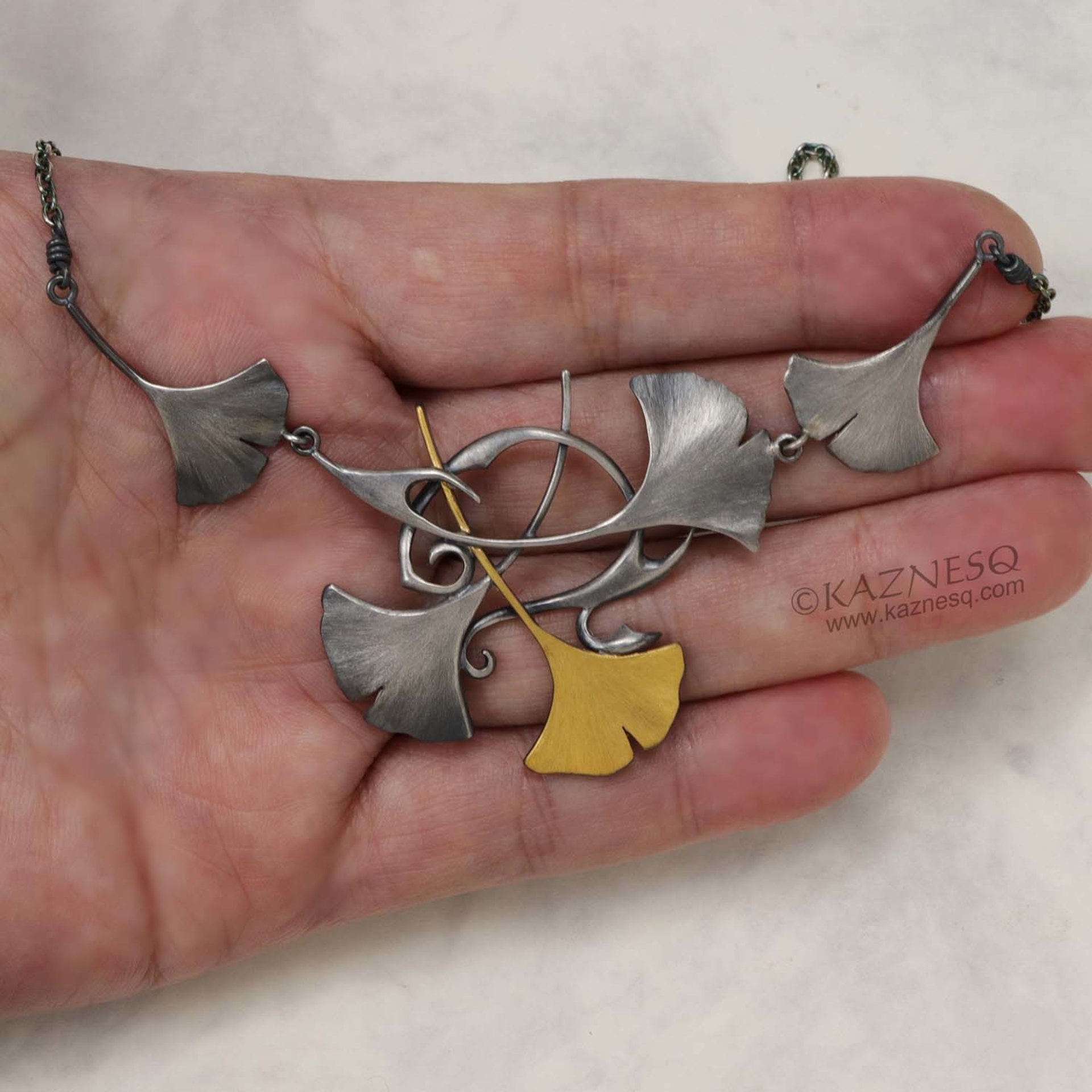 Oxidized silver and Keum Boo ginkgo leaf necklace
