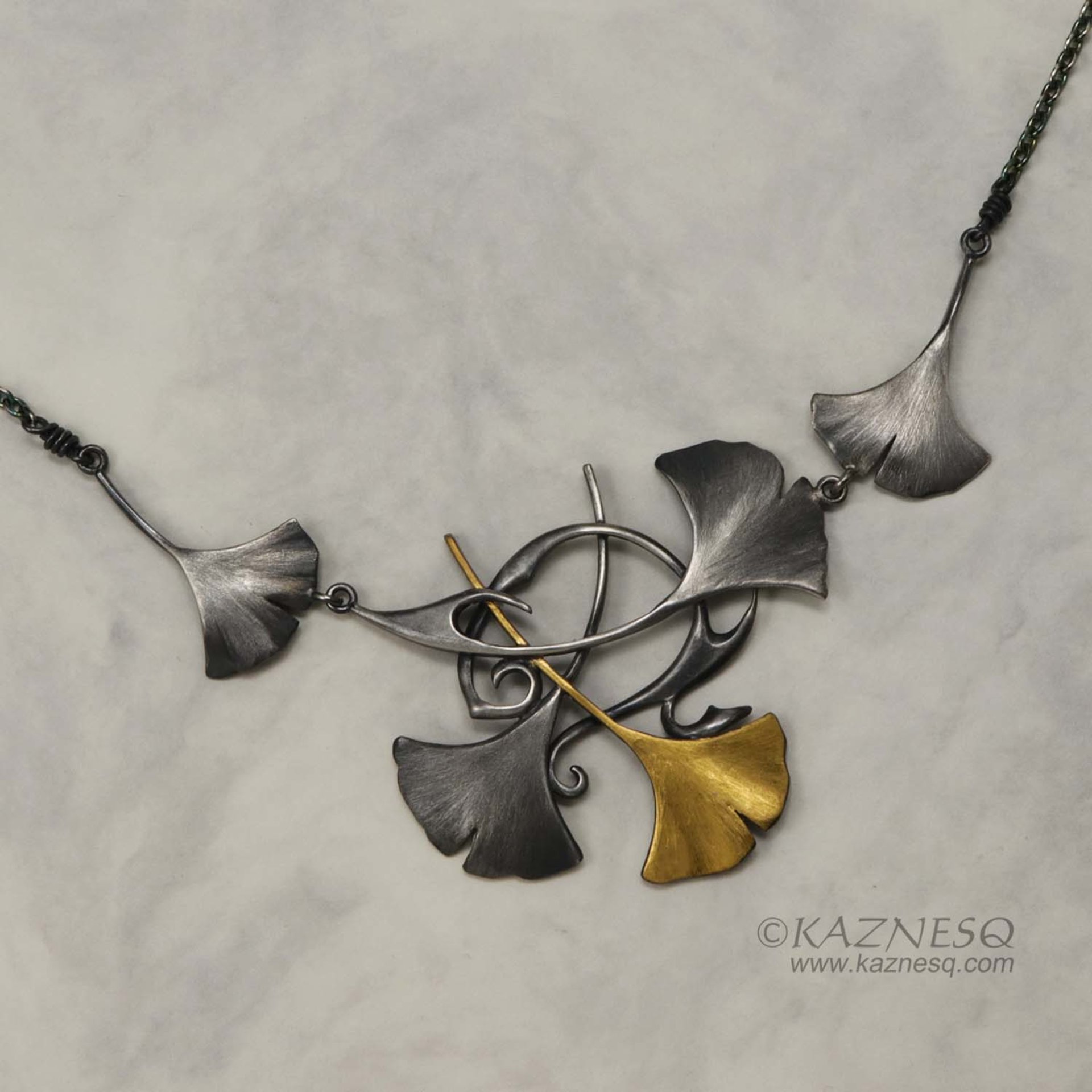 Oxidized silver and Keum Boo ginkgo leaf necklace
