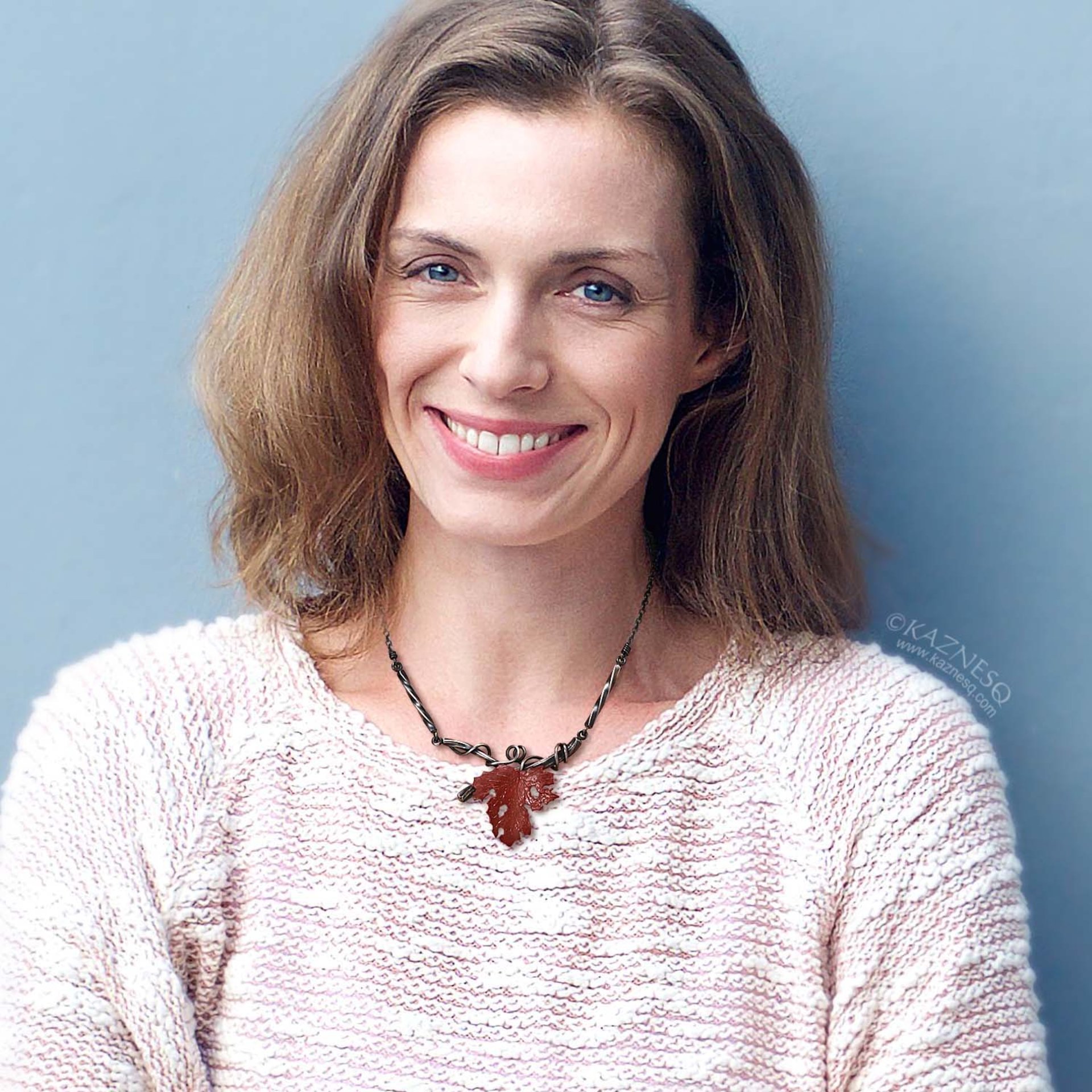 Withered copper grape leaf with Japanese patina and oxidized silver necklace .