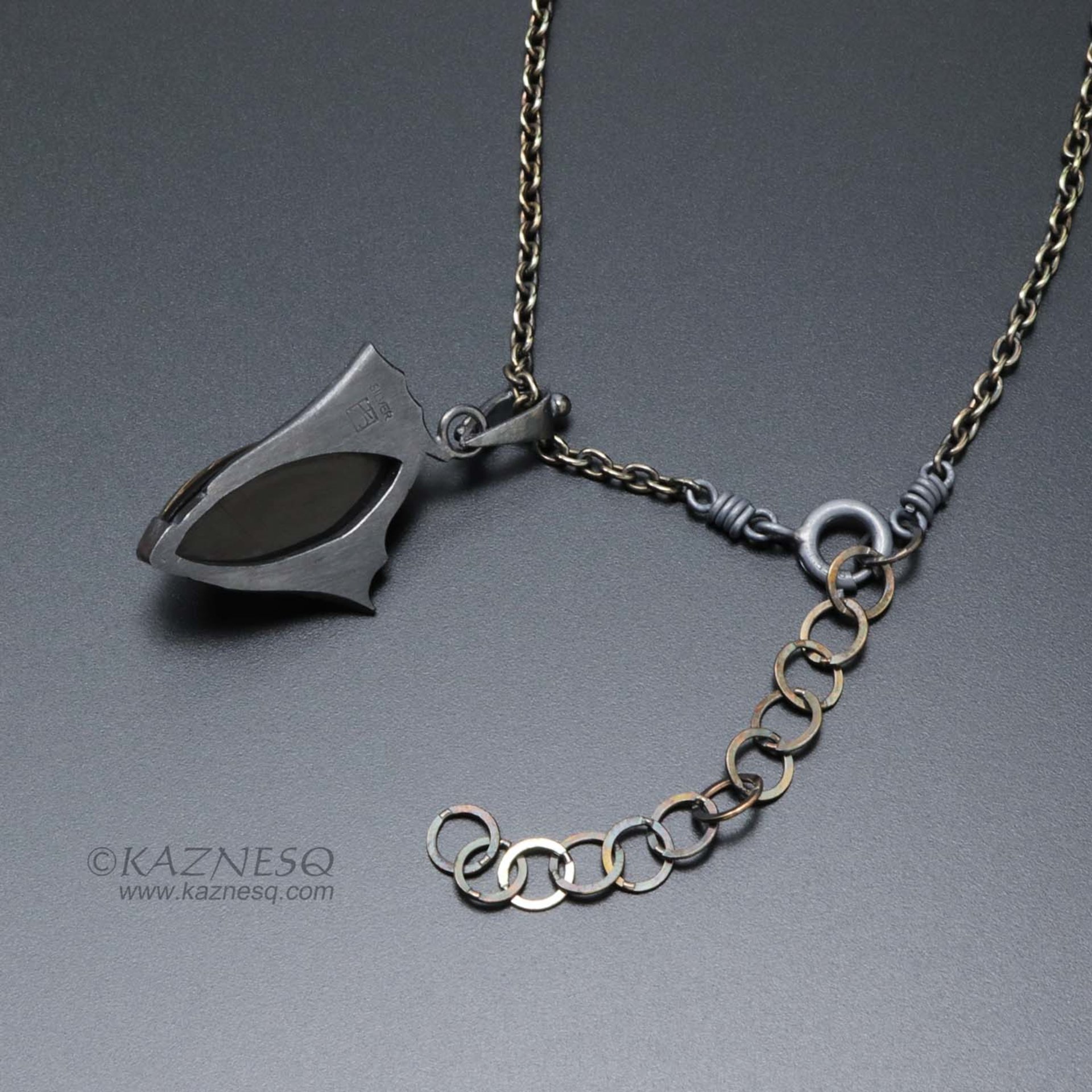 Rutilated quartz and black mother of pearl oxidized silver goth pendant necklace