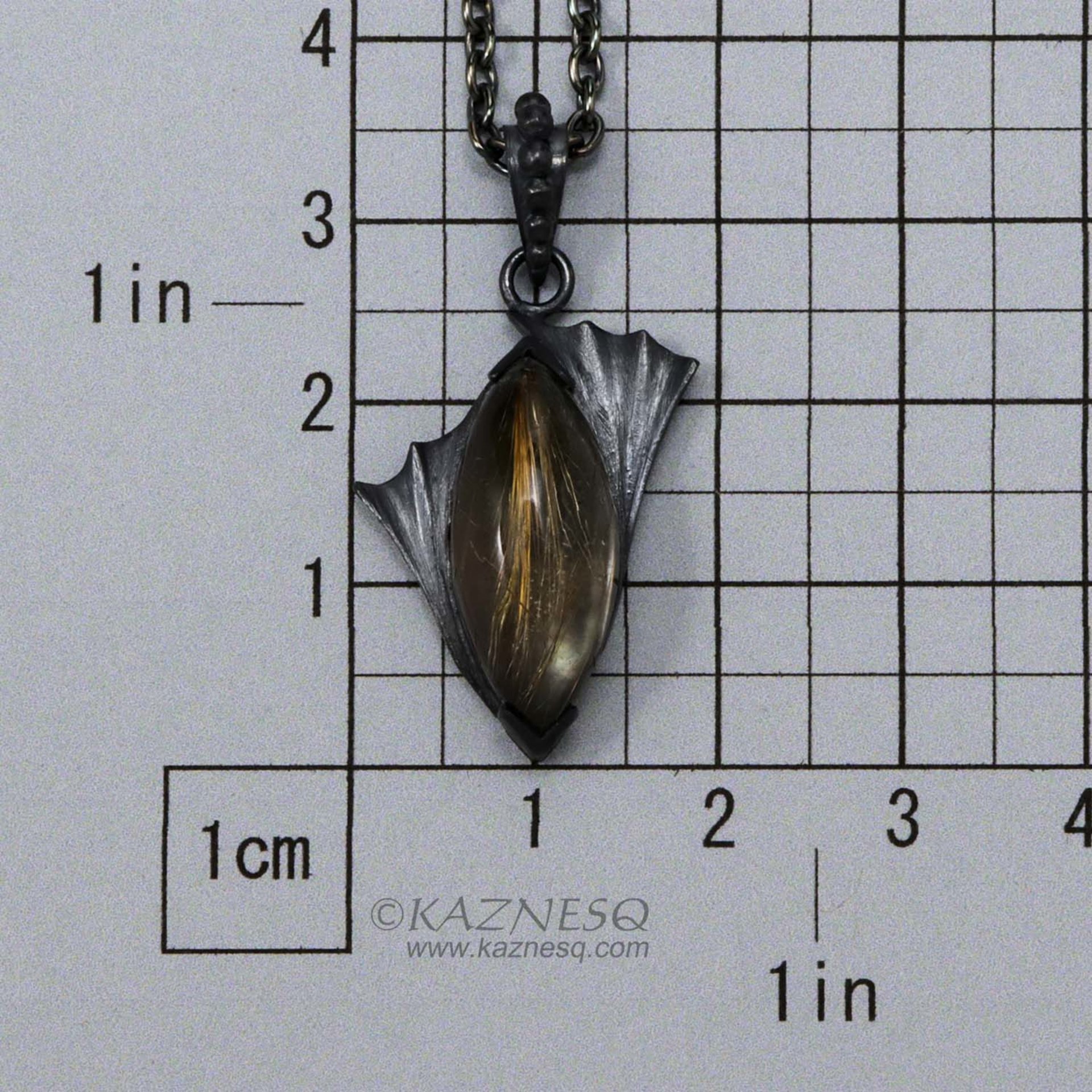 Rutilated quartz and black mother of pearl oxidized silver goth pendant necklace