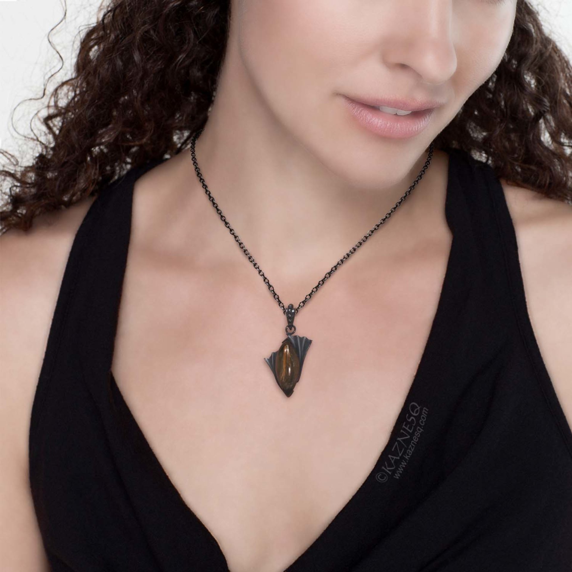 Rutilated quartz and black mother of pearl oxidized silver goth pendant necklace