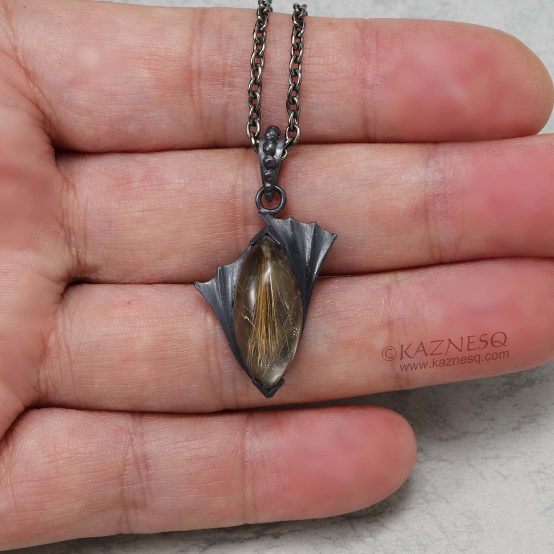 Rutilated quartz and black mother of pearl oxidized silver goth pendant necklace