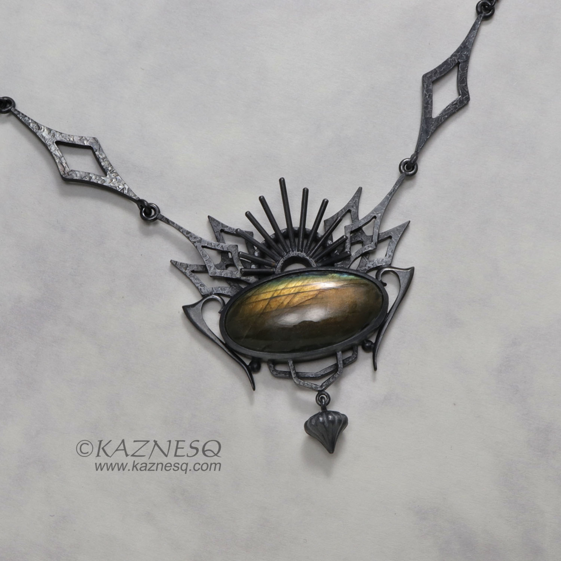 Yellow labradorite oxidized silver goth taste pendant necklace