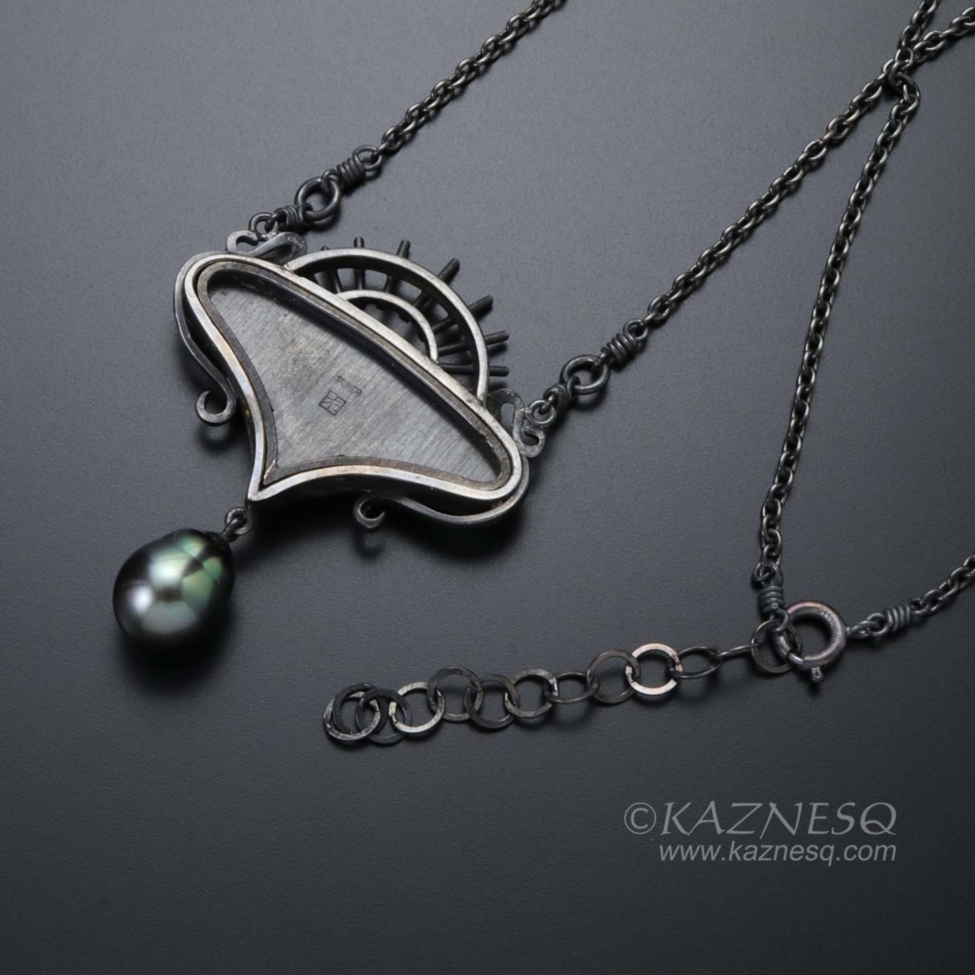 Art Nouveau style Keum Boo picture and black baroque pearl oxidized silver penda