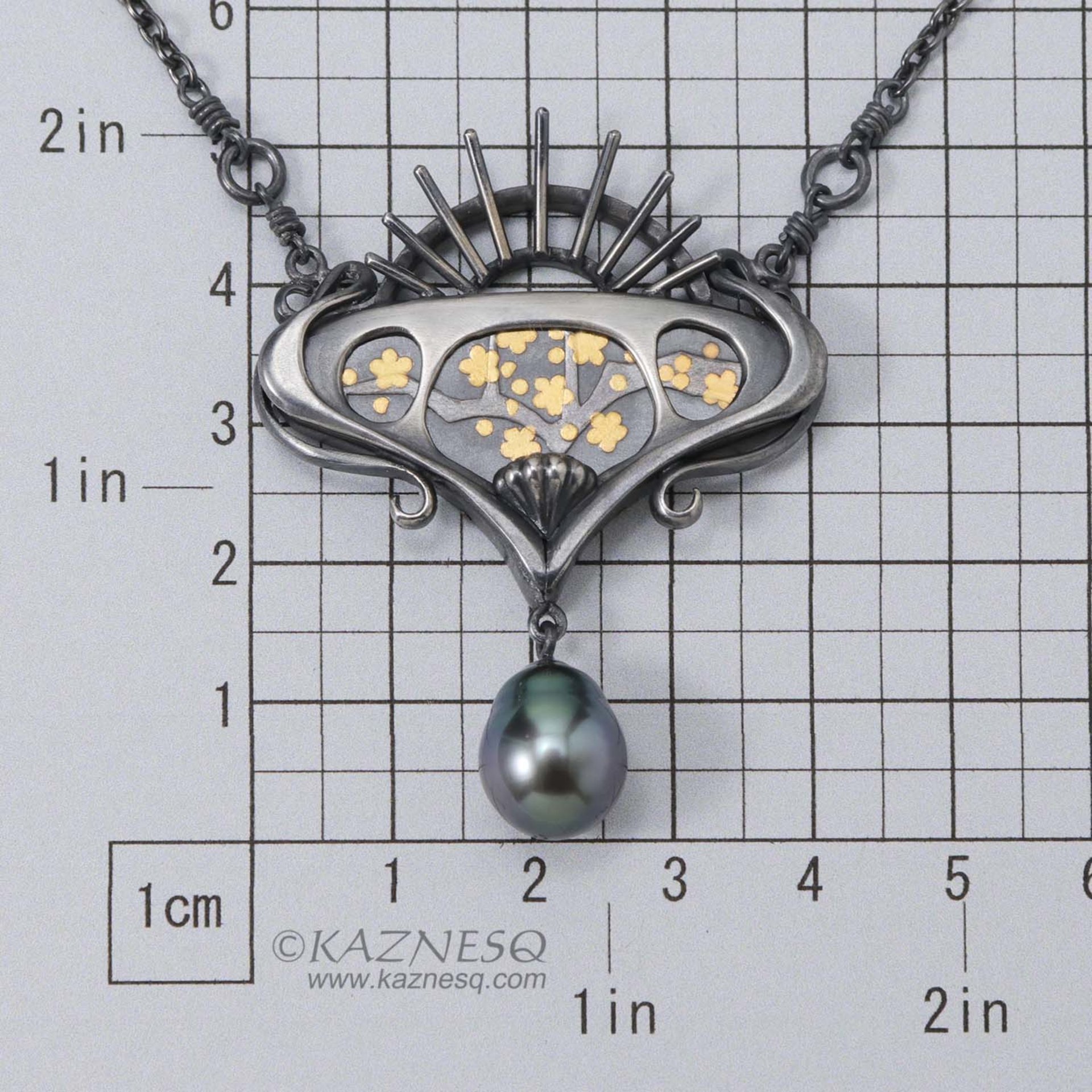 Art Nouveau style Keum Boo picture and black baroque pearl oxidized silver penda