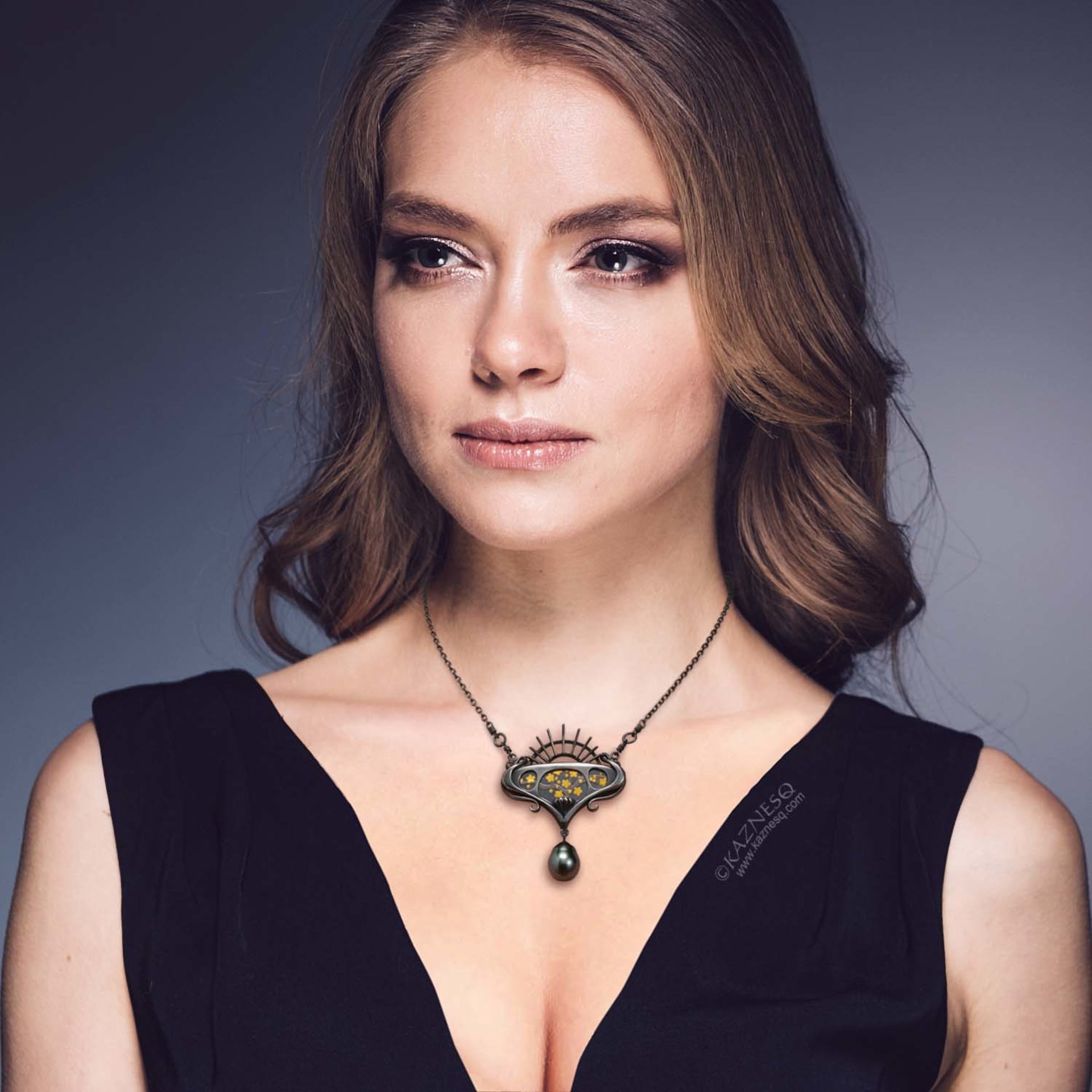 Art Nouveau style Keum Boo picture and black baroque pearl oxidized silver penda