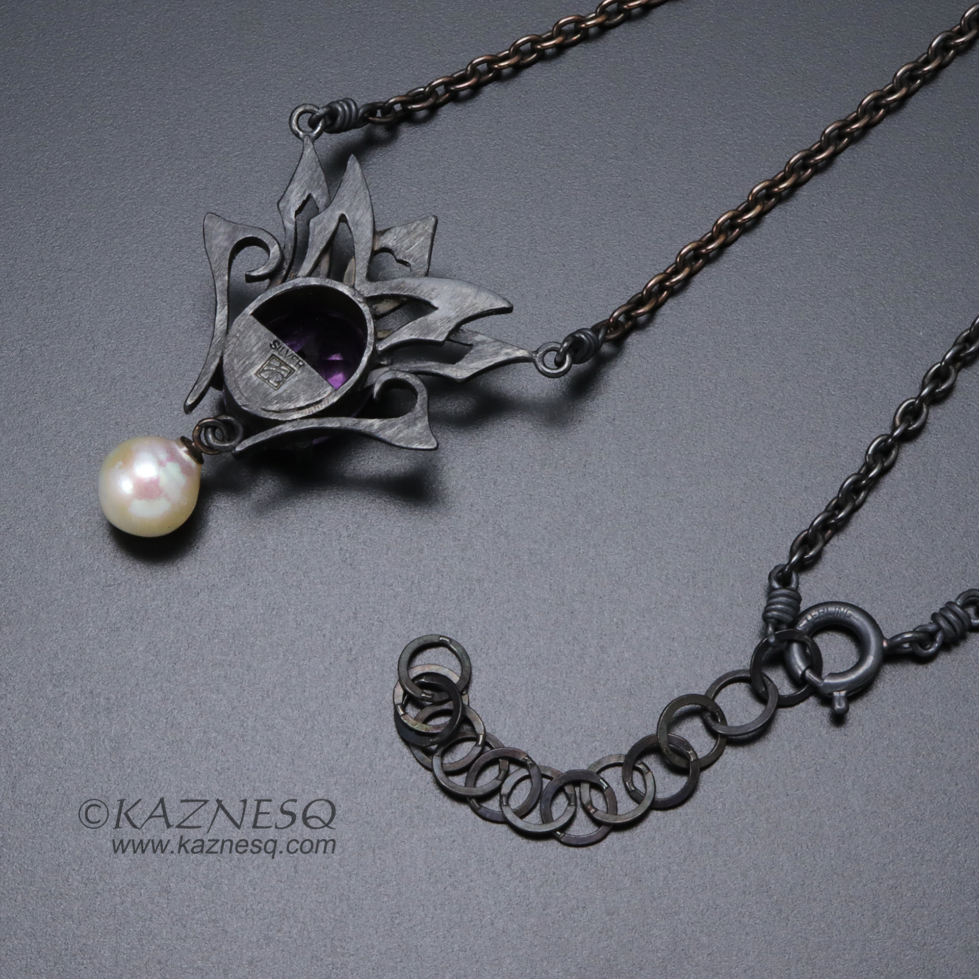 Amethyst and Akoya pearl oxidized silver goth taste silver pendant necklace for