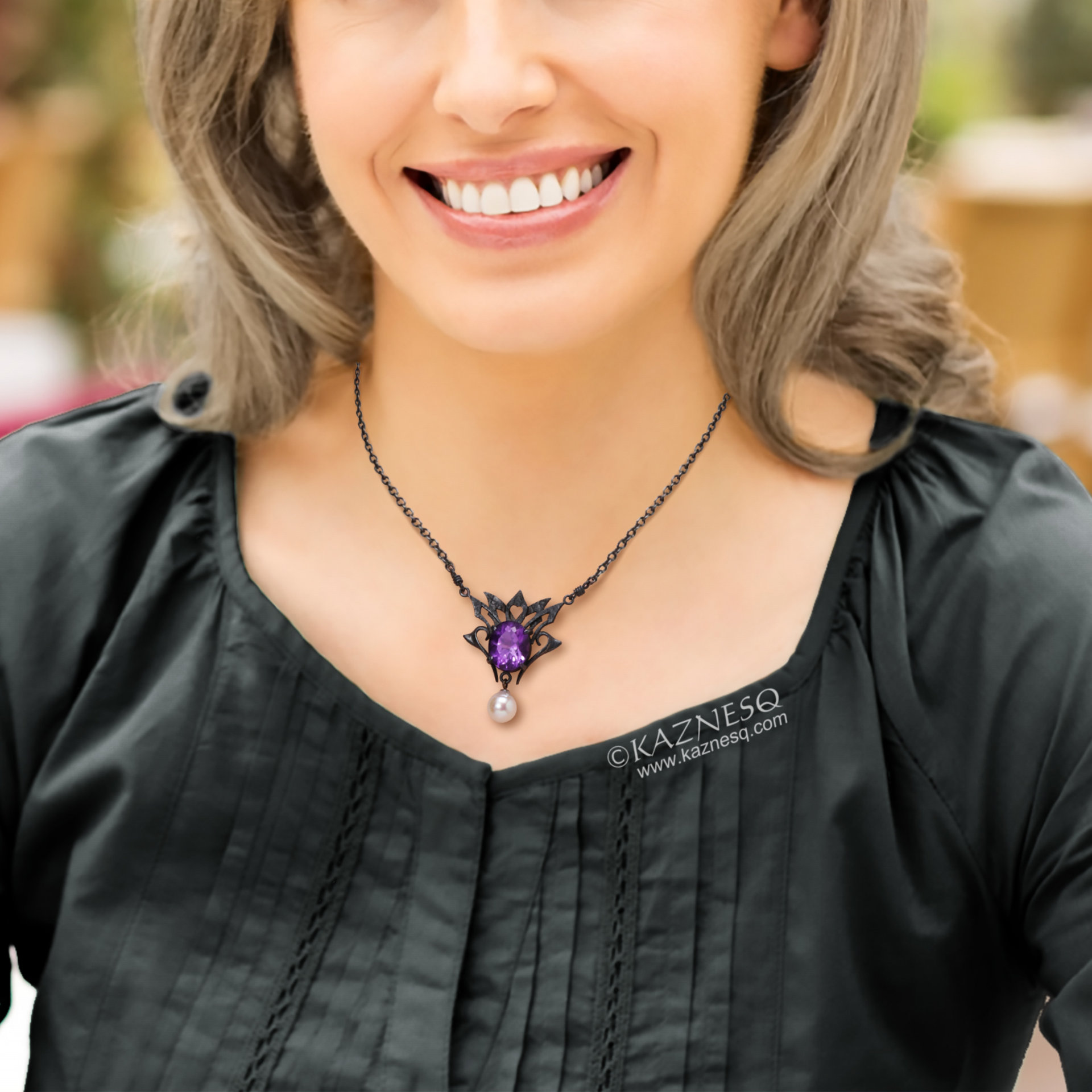 Amethyst and Akoya pearl oxidized silver goth taste silver pendant necklace for