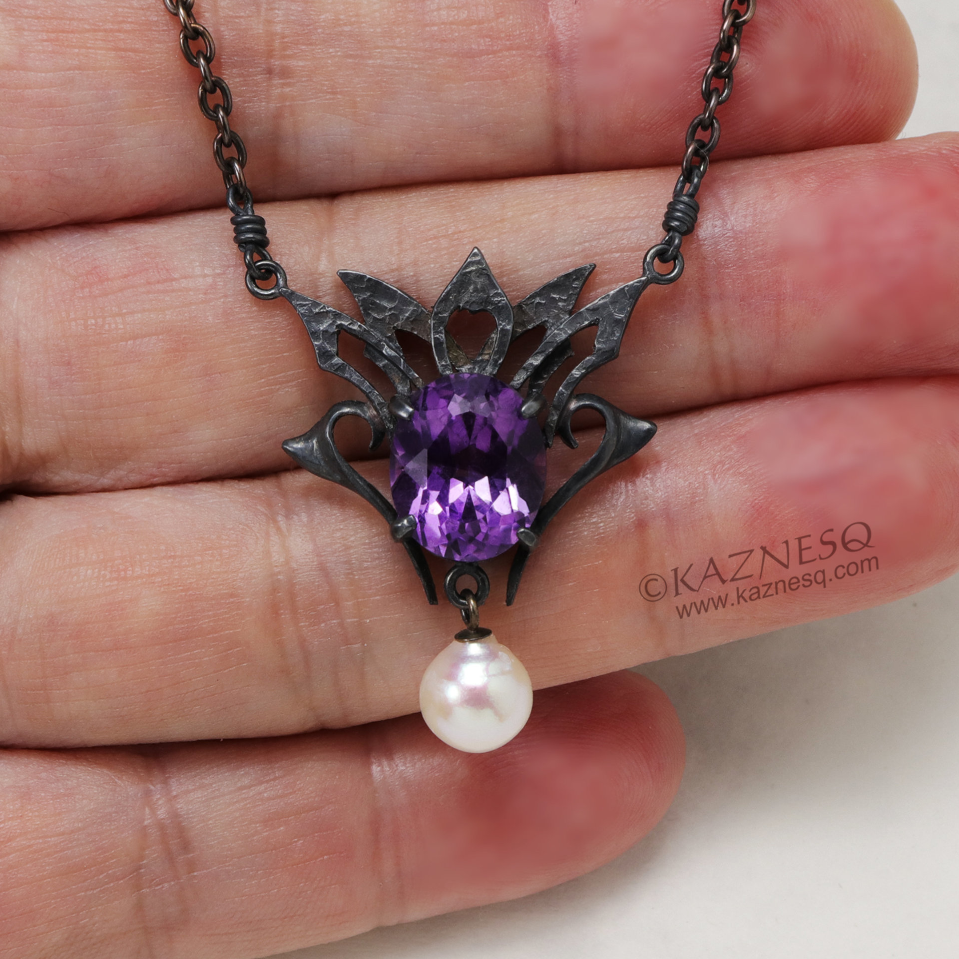 Amethyst and Akoya pearl oxidized silver goth taste silver pendant necklace for