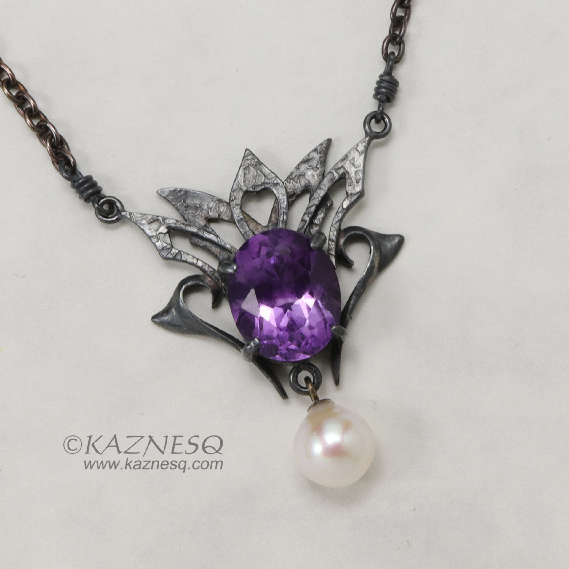 Amethyst and Akoya pearl oxidized silver goth taste silver pendant necklace for