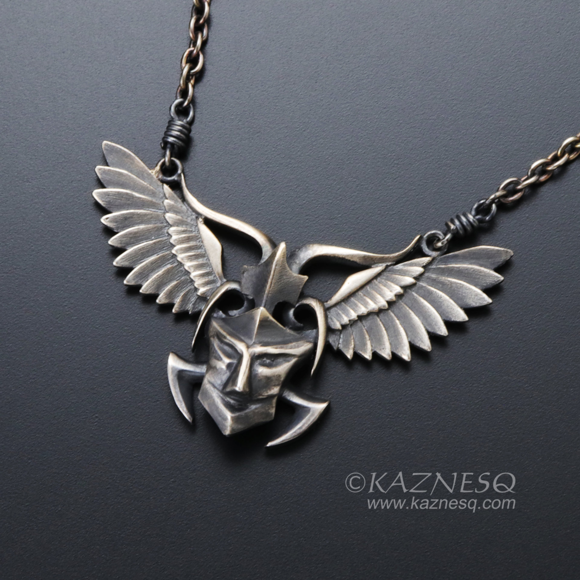 Angel winged demon oxidized silver pendant necklace