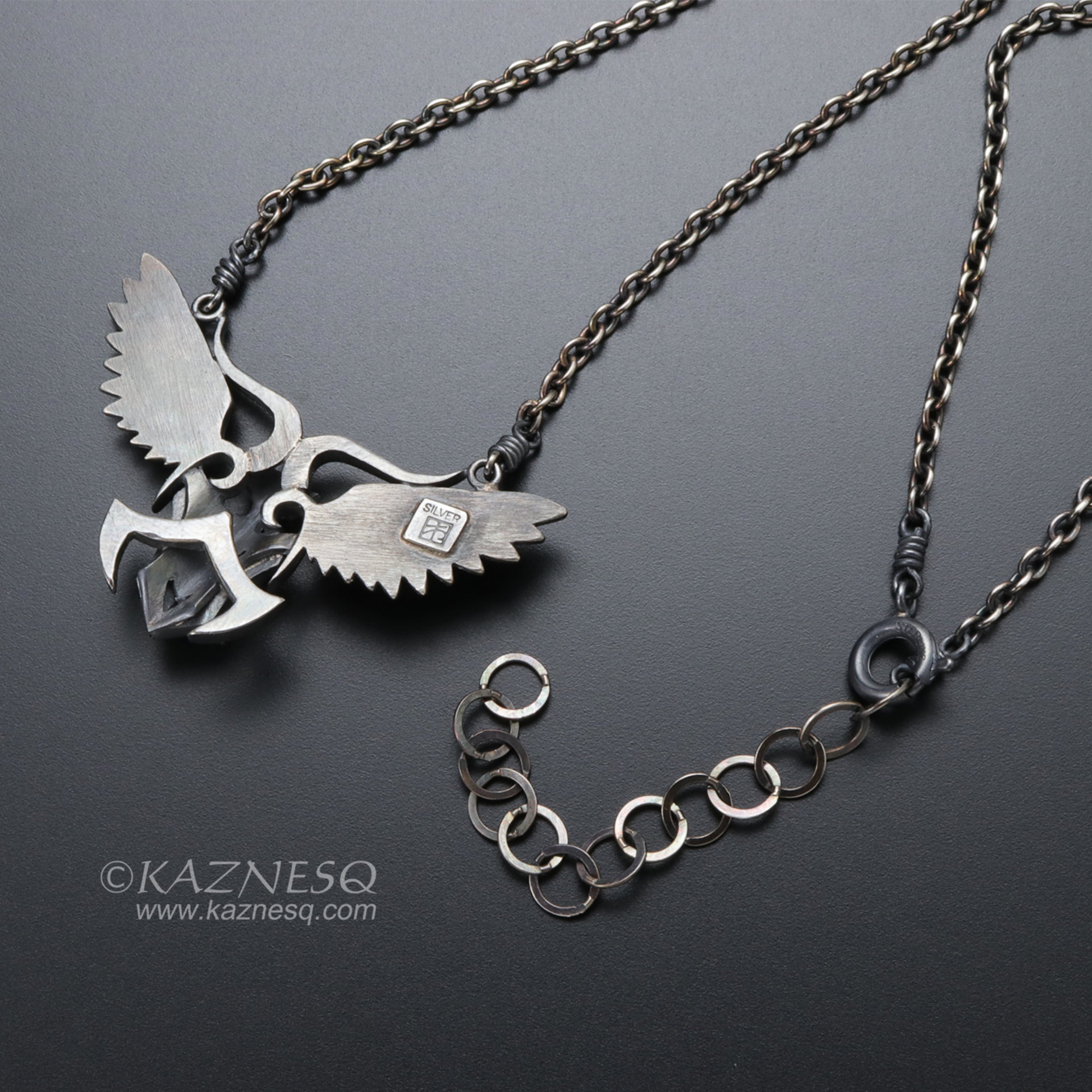 Angel winged demon oxidized silver pendant necklace