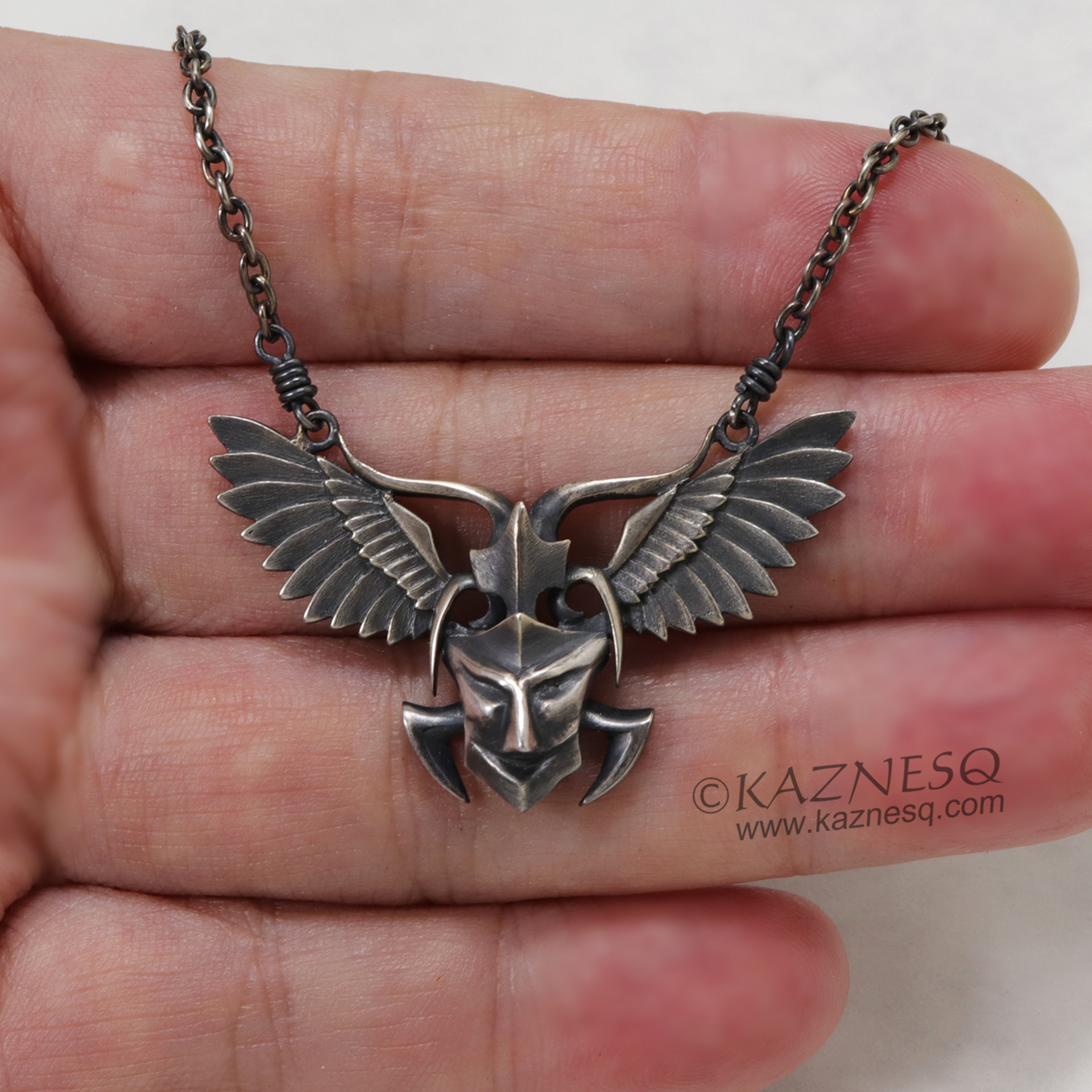 Angel winged demon oxidized silver pendant necklace