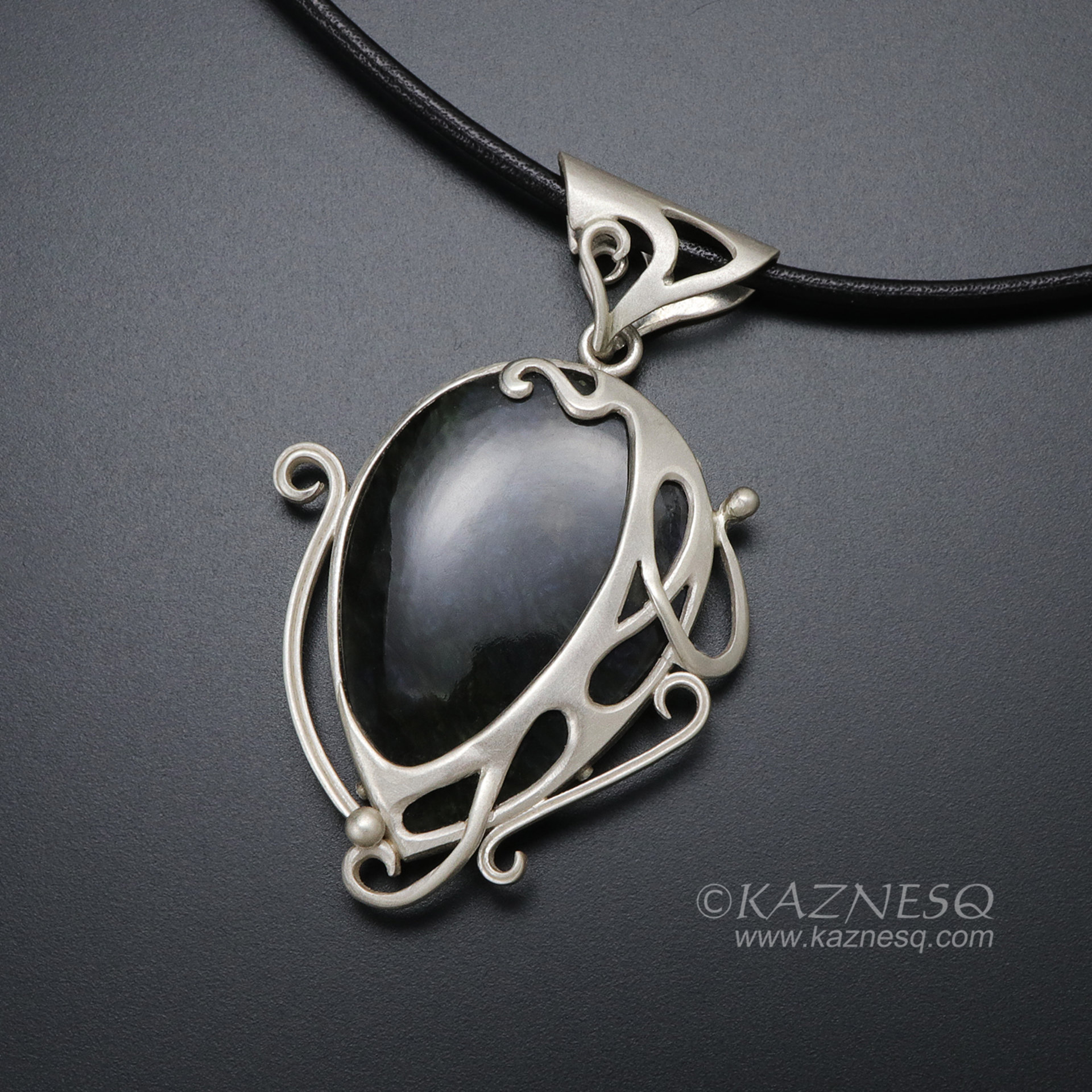 Velvet obsidian Art Nouveau style silver pendant necklace
