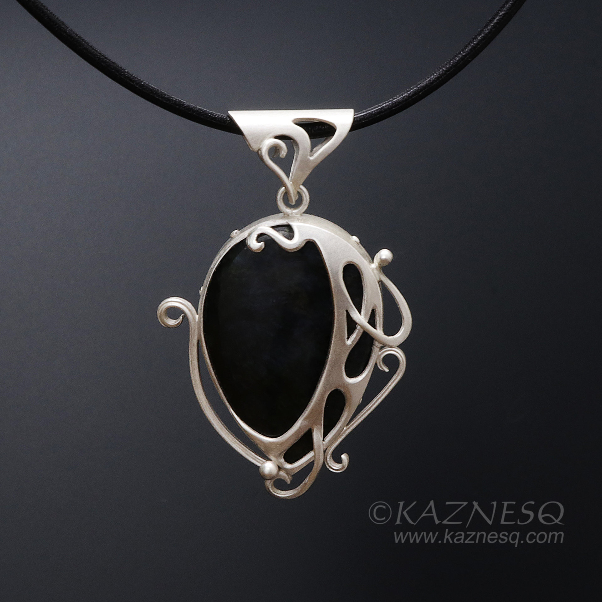 Velvet obsidian Art Nouveau style silver pendant necklace