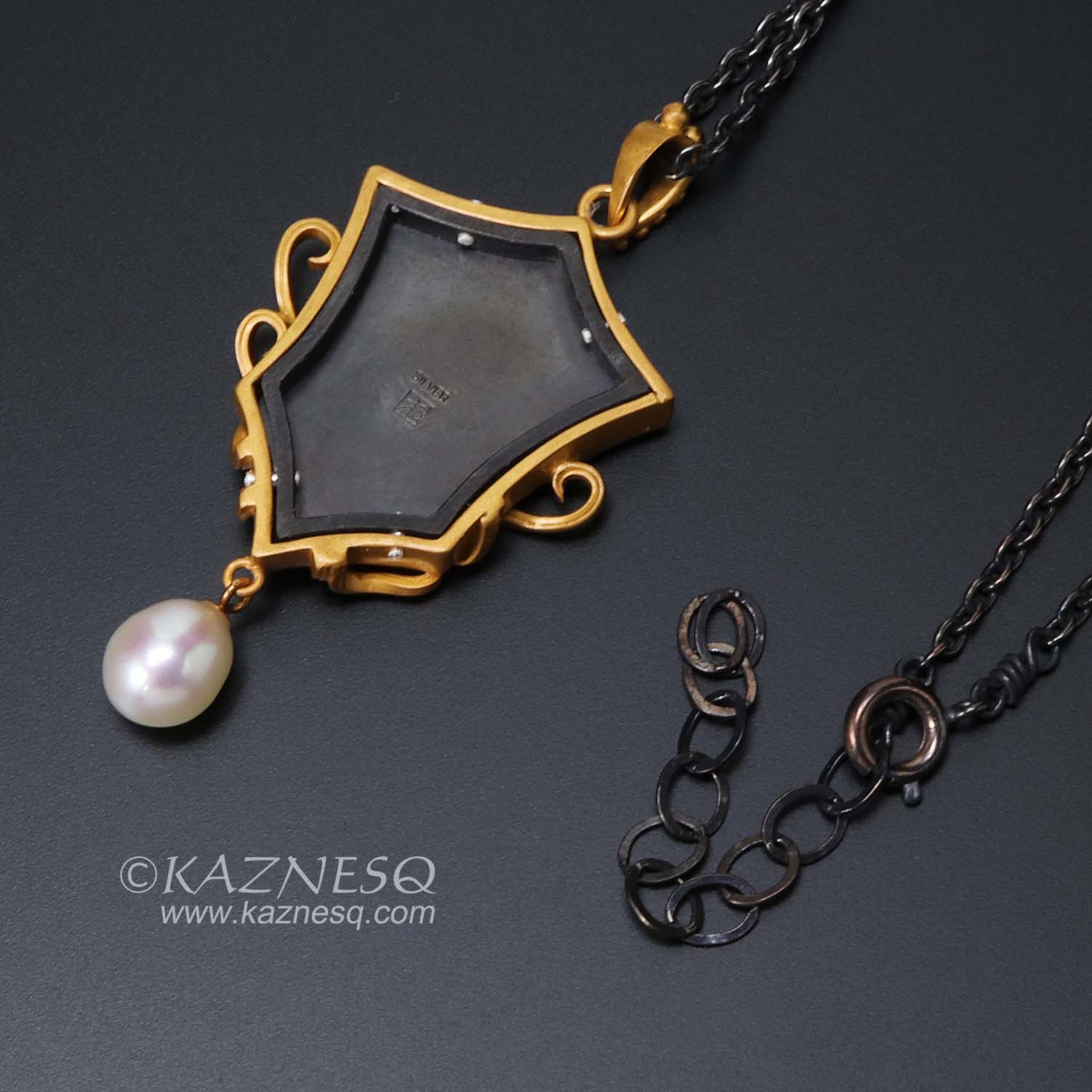 Art Nouveau style water pattern and blossoms Keum Boo gold tone silver pendant n