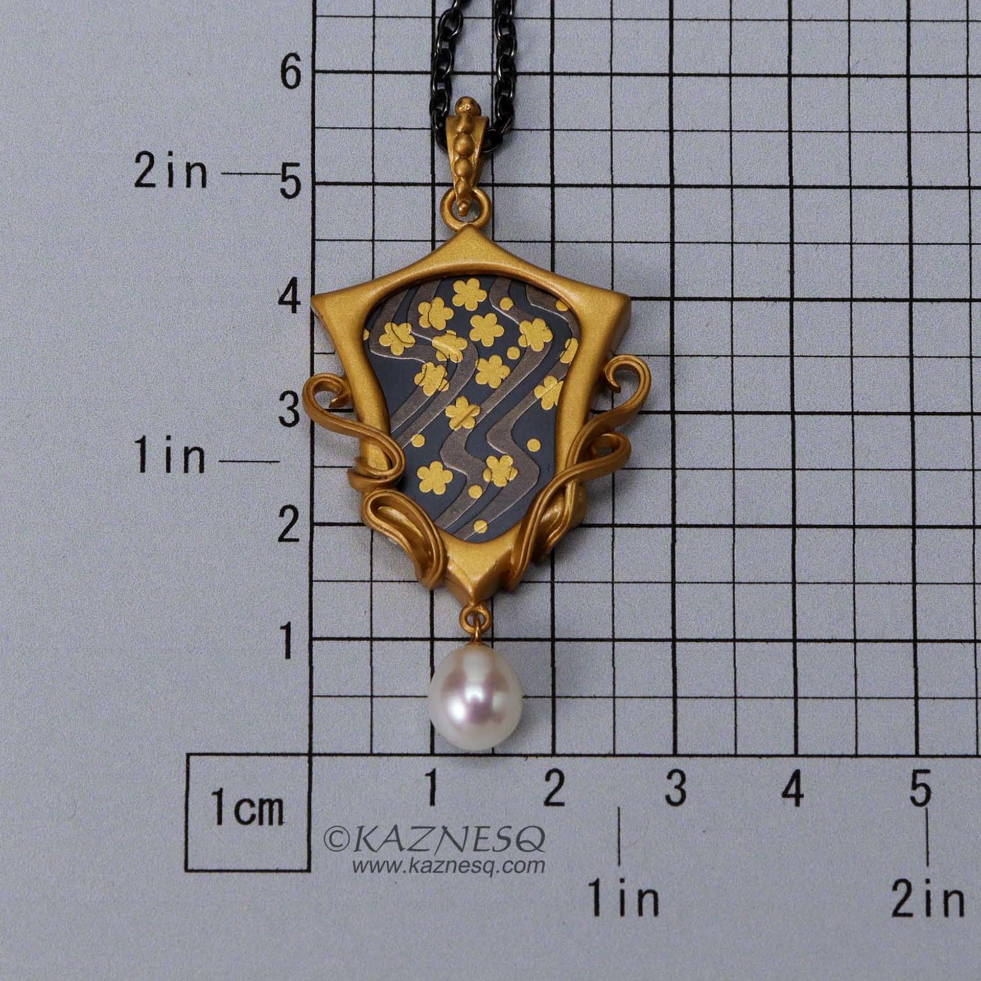 Art Nouveau style water pattern and blossoms Keum Boo gold tone silver pendant n