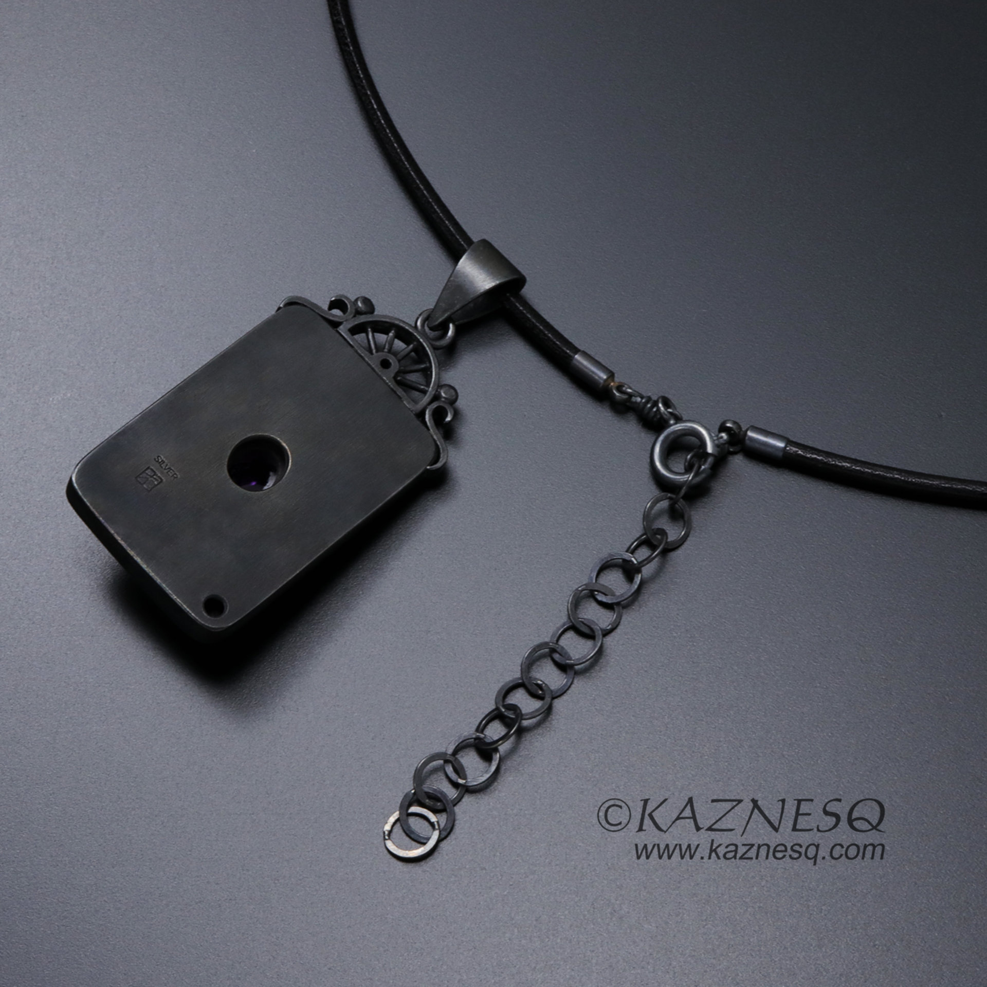 (C) KAZNESQ: Abstract Kuem Boo and amethyst rectangle oxidized silver pendant