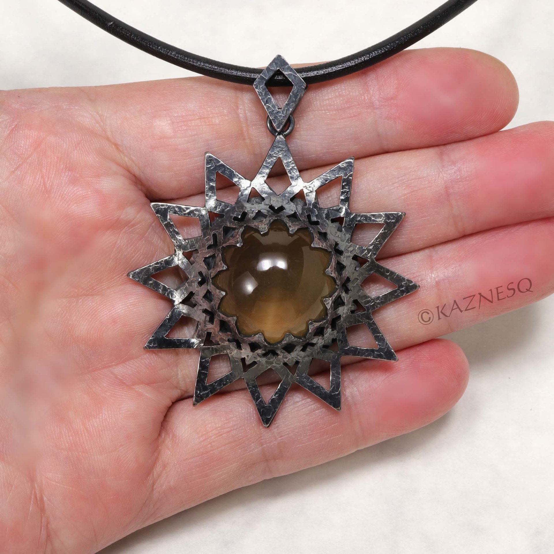 (C) KAZNESQ: Brown quartz oxidized silver star shape openwork goth pendant