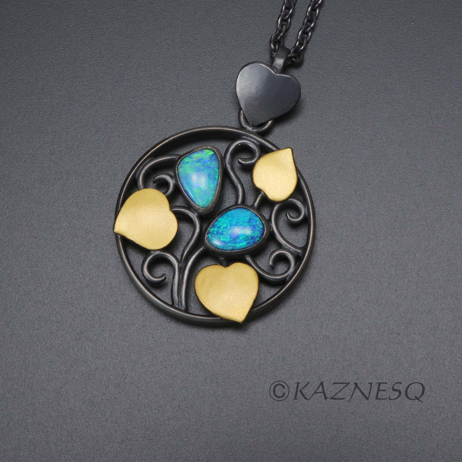 (C) KAZNESQ: Gorgeous Opals and Keum Boo Art Nouveau style leaf pendant necklace