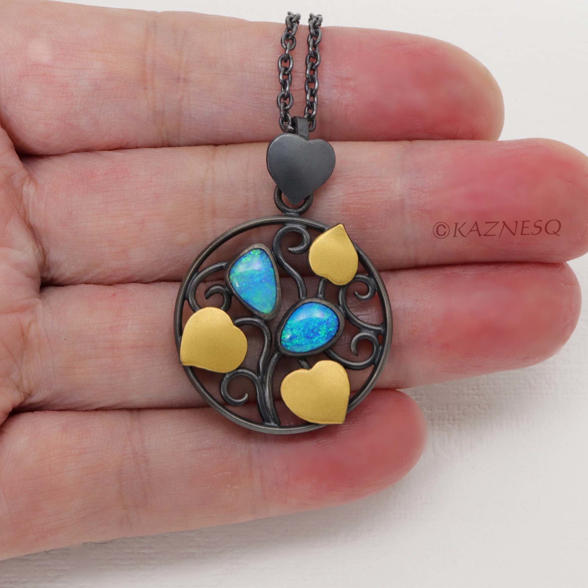 (C) KAZNESQ: Gorgeous Opals and Keum Boo Art Nouveau style leaf pendant necklace