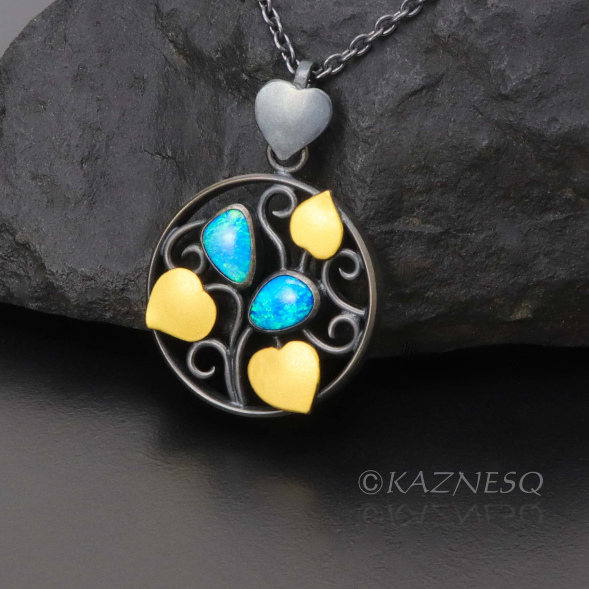 (C) KAZNESQ: Gorgeous Opals and Keum Boo Art Nouveau style leaf pendant necklace