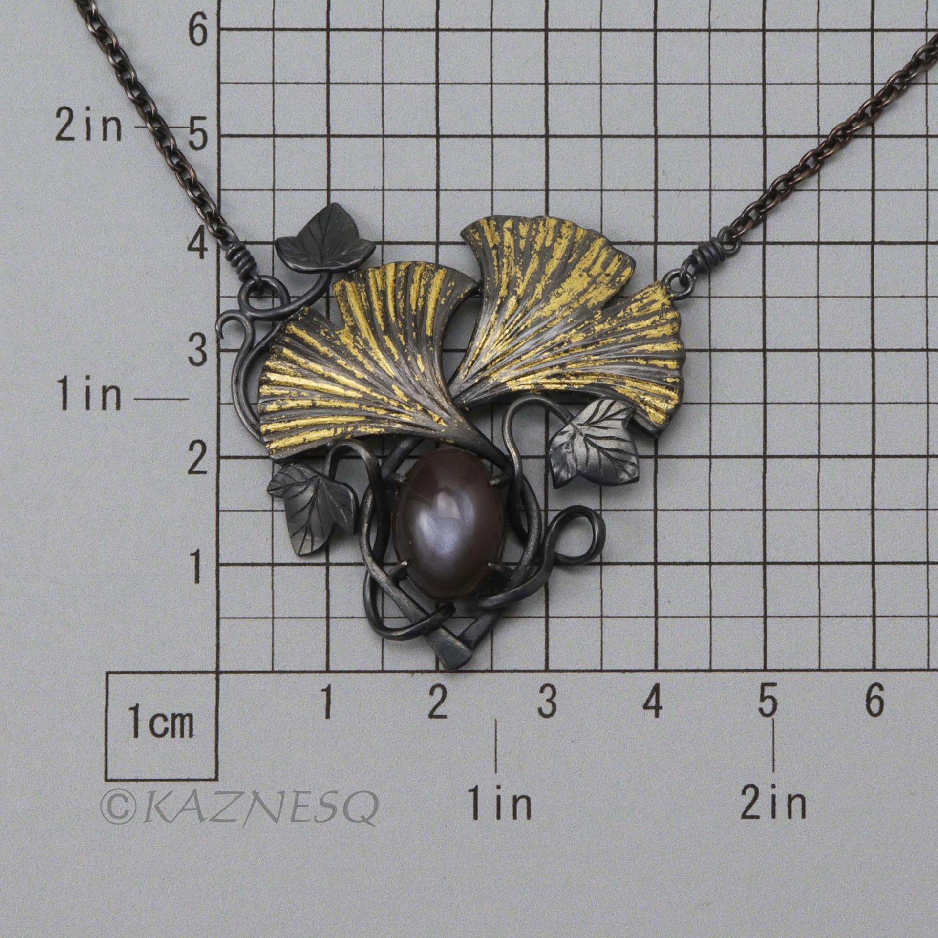(C) KAZNESQ: Art Nouveau ginkgo necklace with brown moonstone and gold leaf