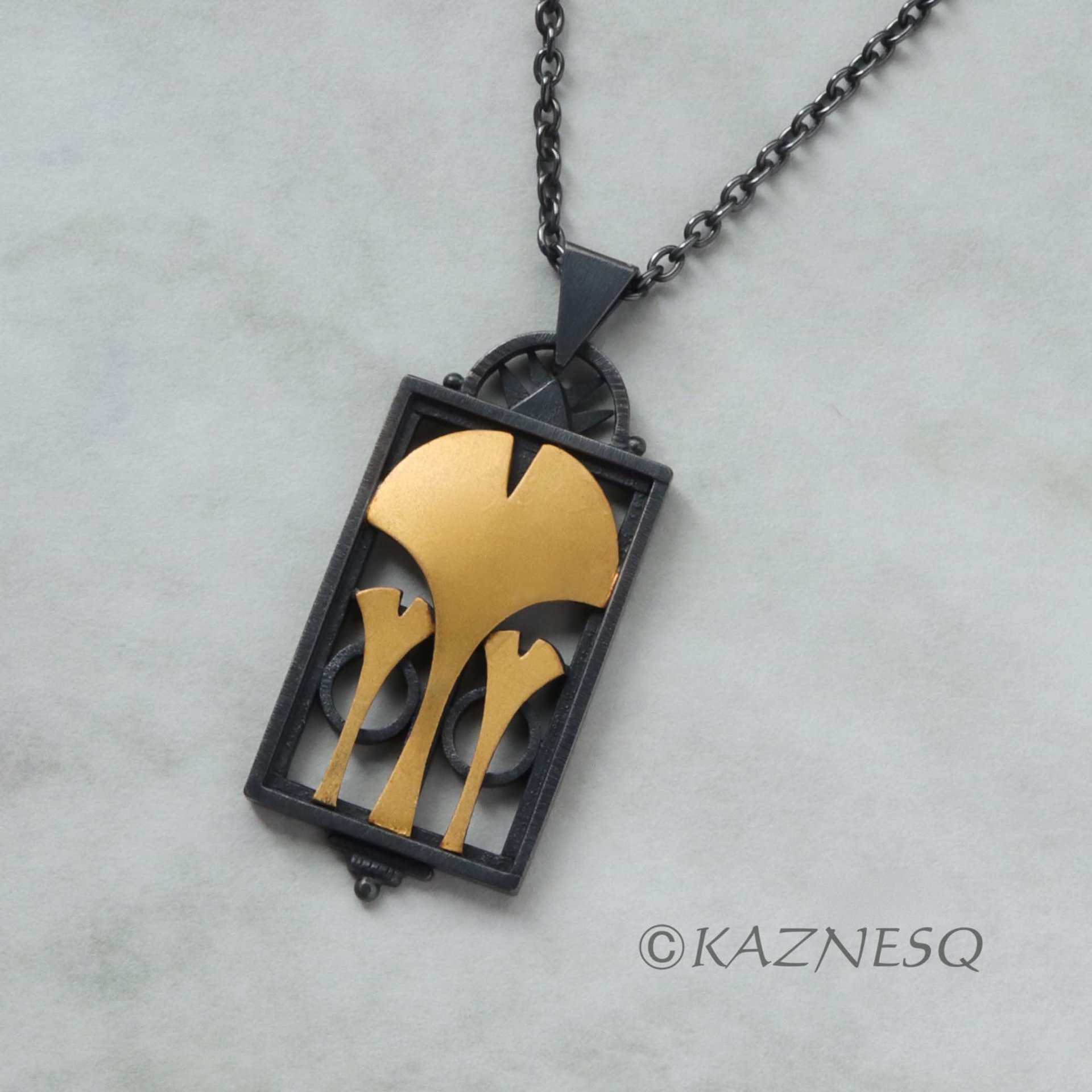 (C) KAZNESQ: Ginkgo leaf Art Deco style oxidized silver rectangle pendant