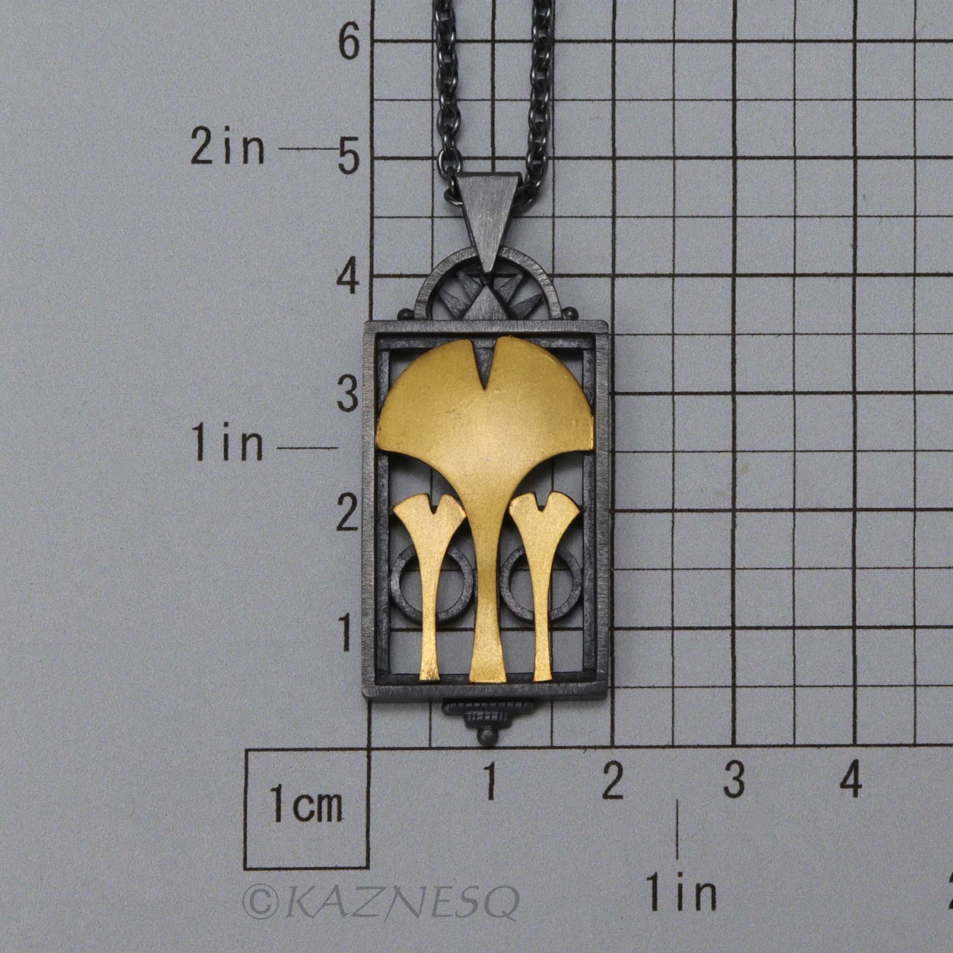 (C) KAZNESQ: Ginkgo leaf Art Deco style oxidized silver rectangle pendant