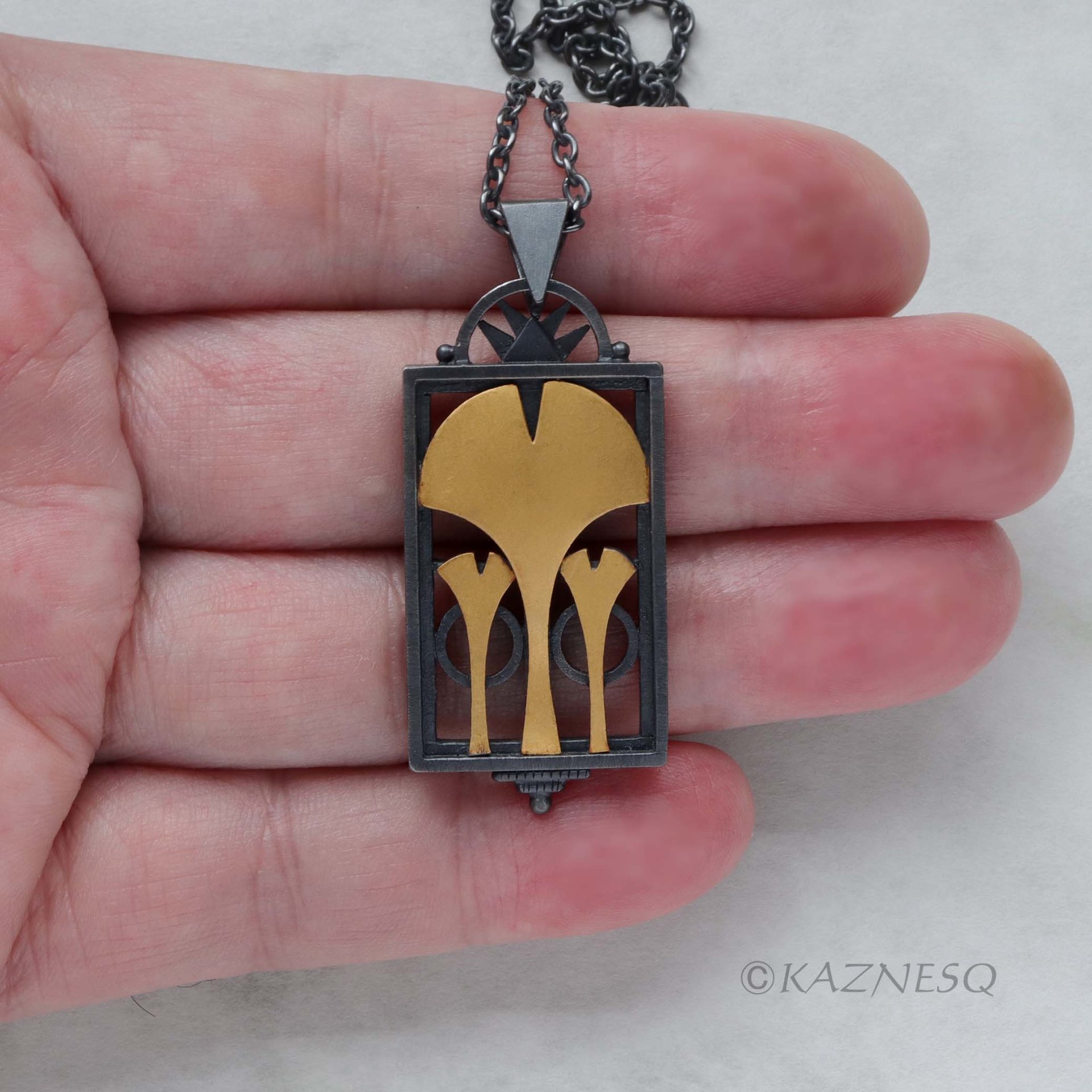 (C) KAZNESQ: Ginkgo leaf Art Deco style oxidized silver rectangle pendant