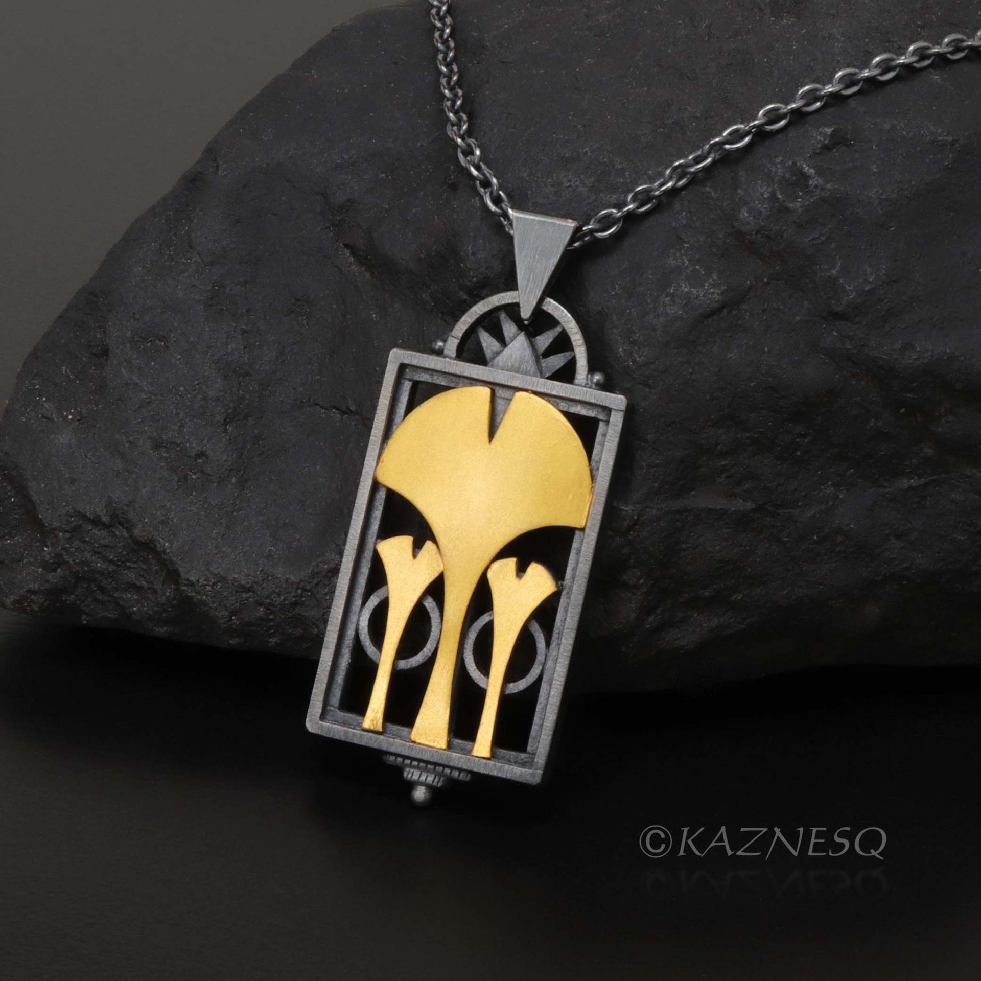 (C) KAZNESQ: Ginkgo leaf Art Deco style oxidized silver rectangle pendant