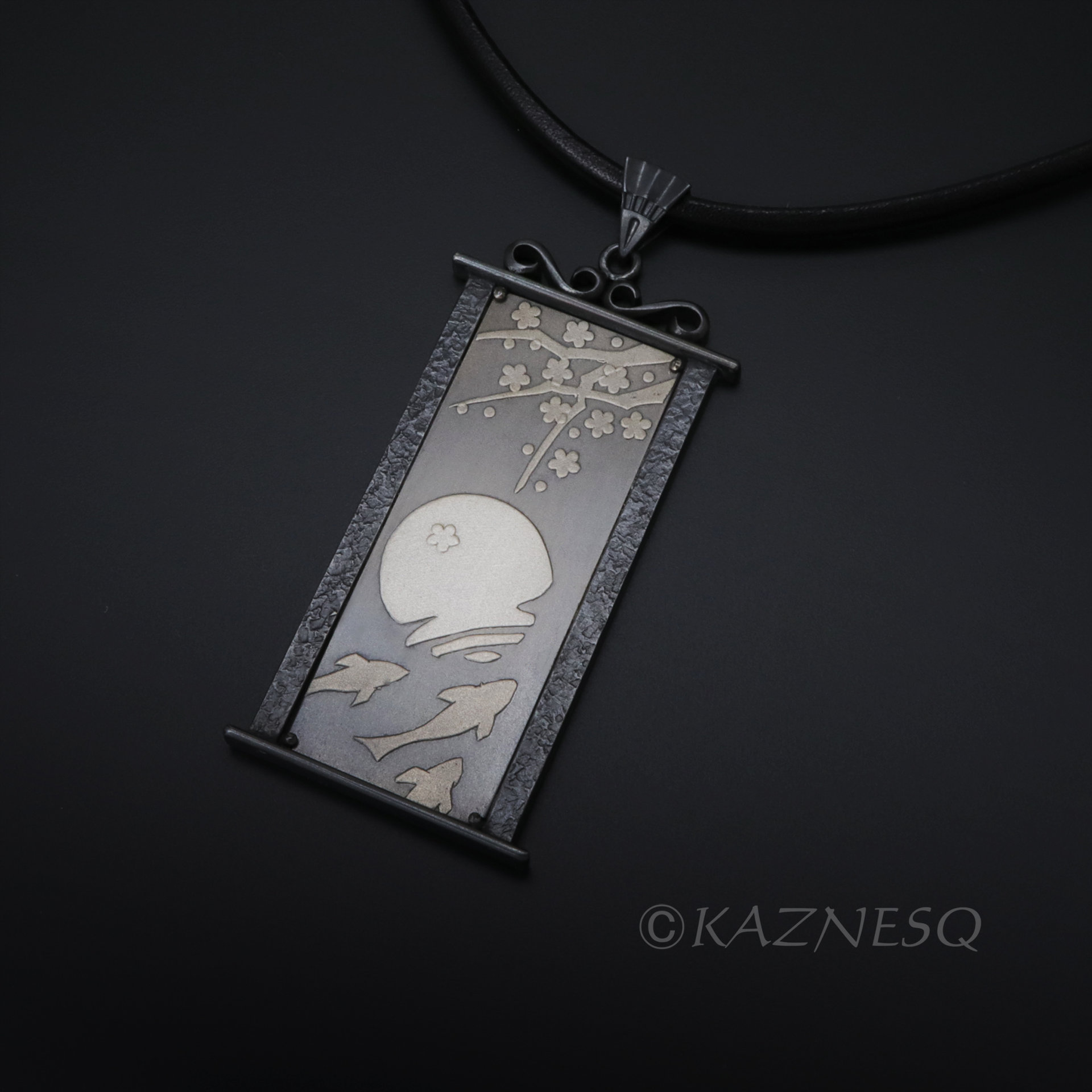 (C) KAZNESQ: apanese art Keum Boo silver pendant necklace of Koi pond, the moon,