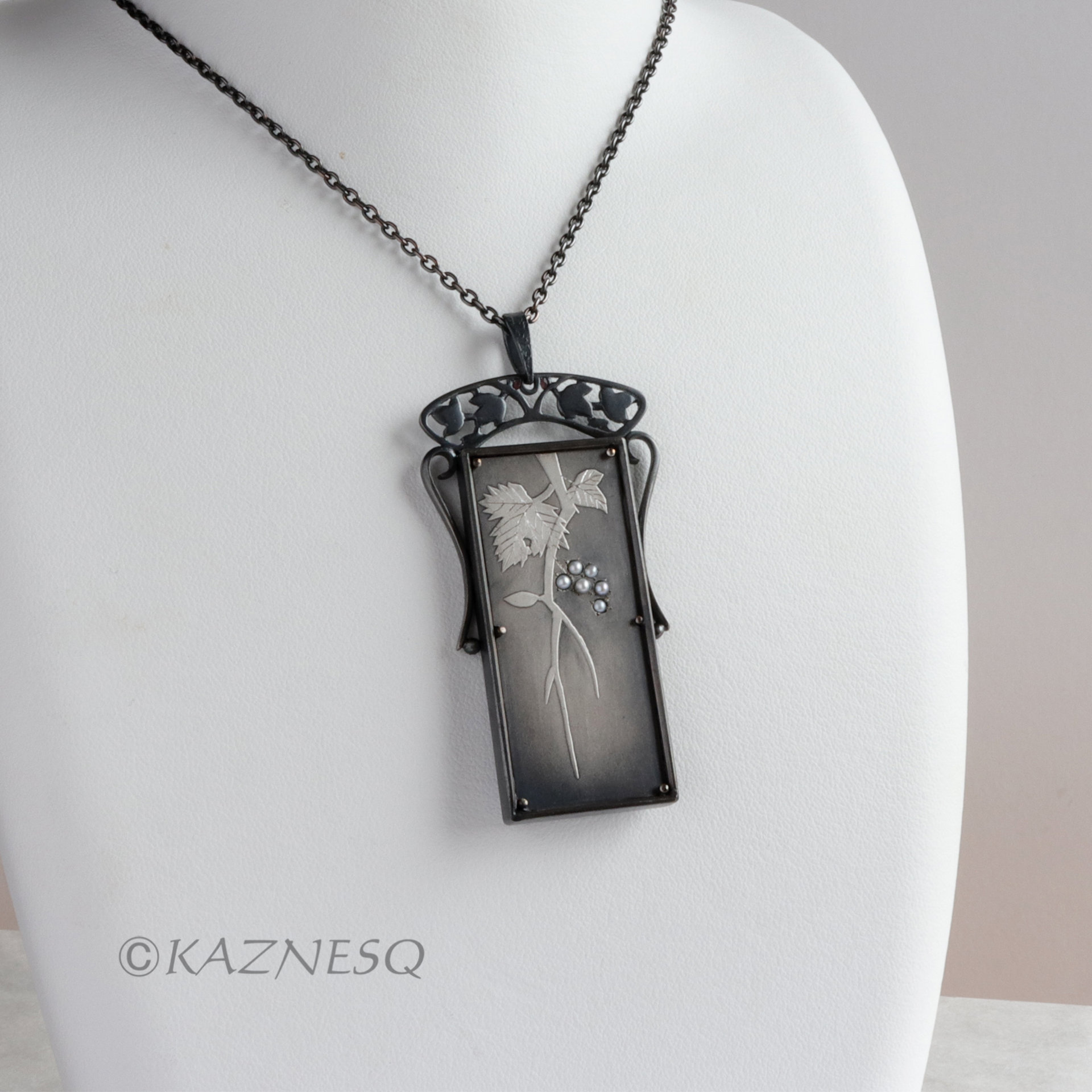 (C) KAZNESQ: Art Nouveau style rectangle wild grape Keum Boo necklace