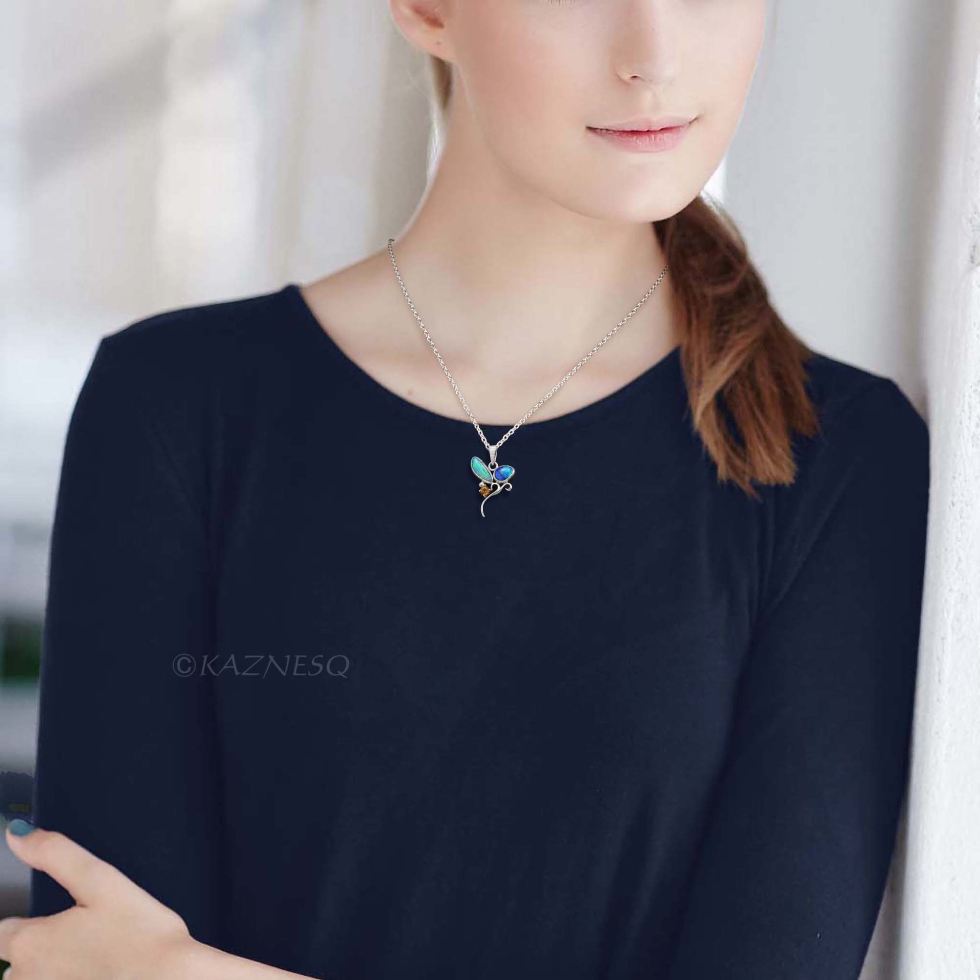 (C) KAZNESQ: Opal and orange sapphire Art Nouveau style silver necklace