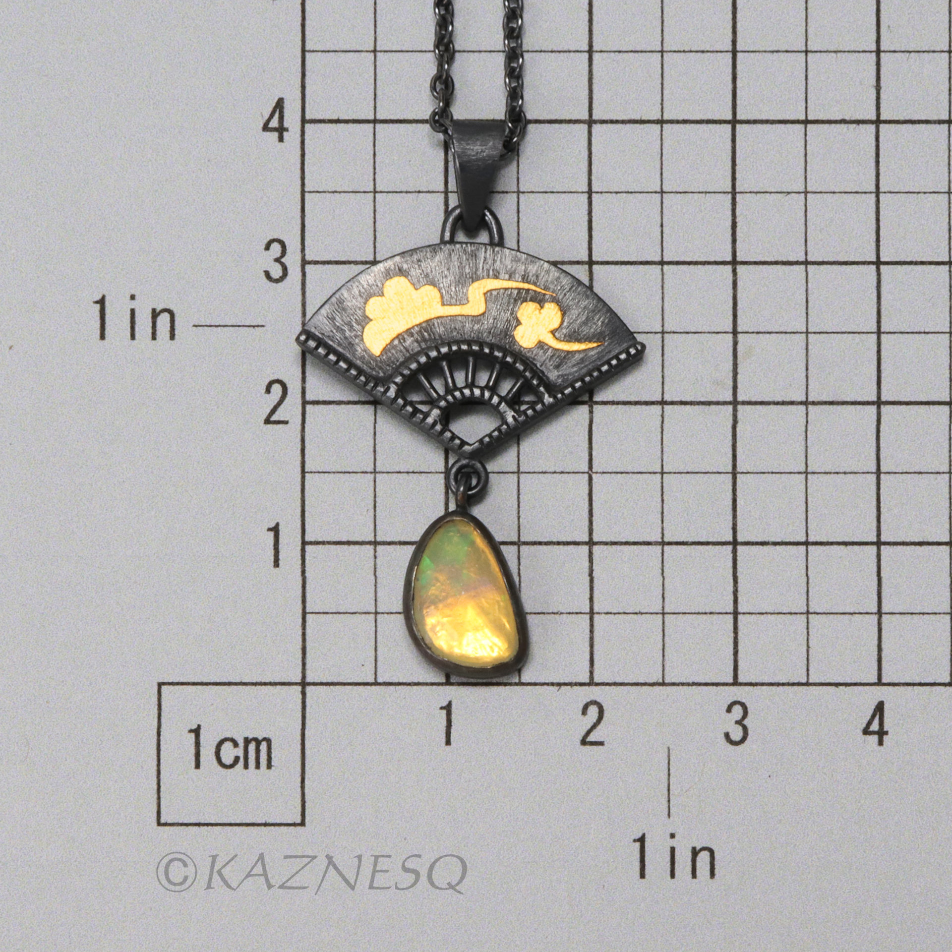 (C) KAZNESQ: Rose cut opal fan motif golden Asian cloud pendant necklace