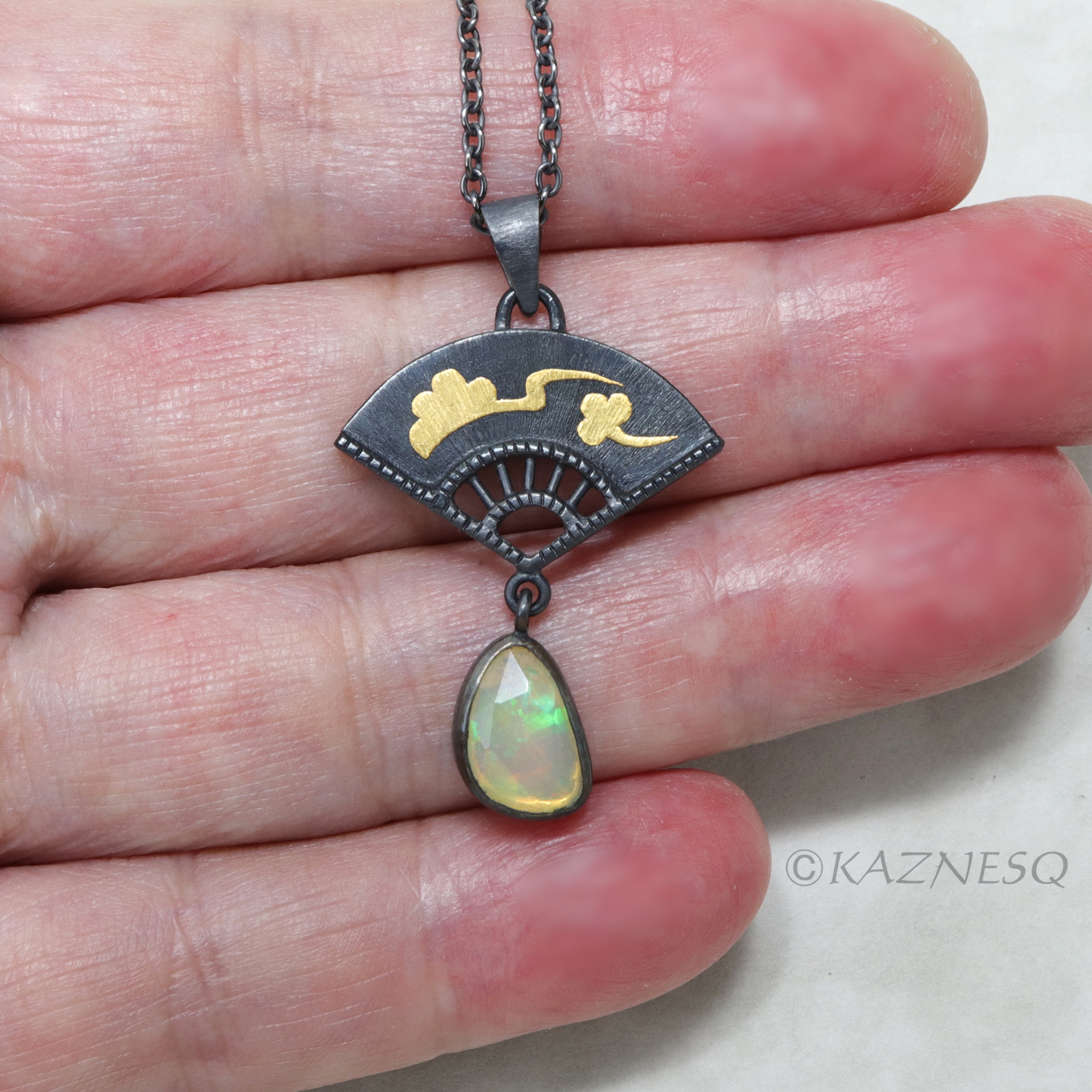 (C) KAZNESQ: Rose cut opal fan motif golden Asian cloud pendant necklace