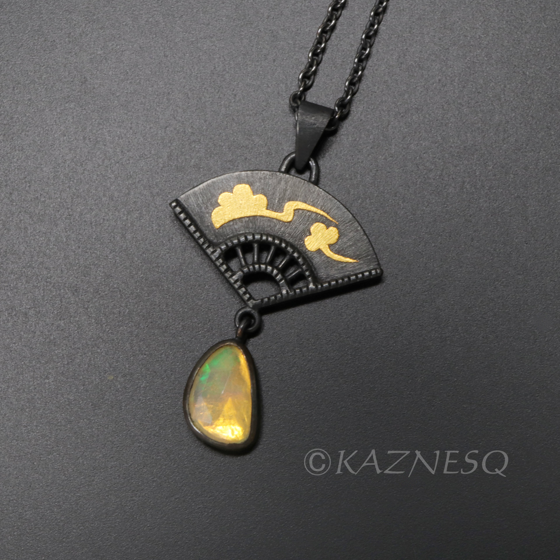 (C) KAZNESQ: Rose cut opal fan motif golden Asian cloud pendant necklace